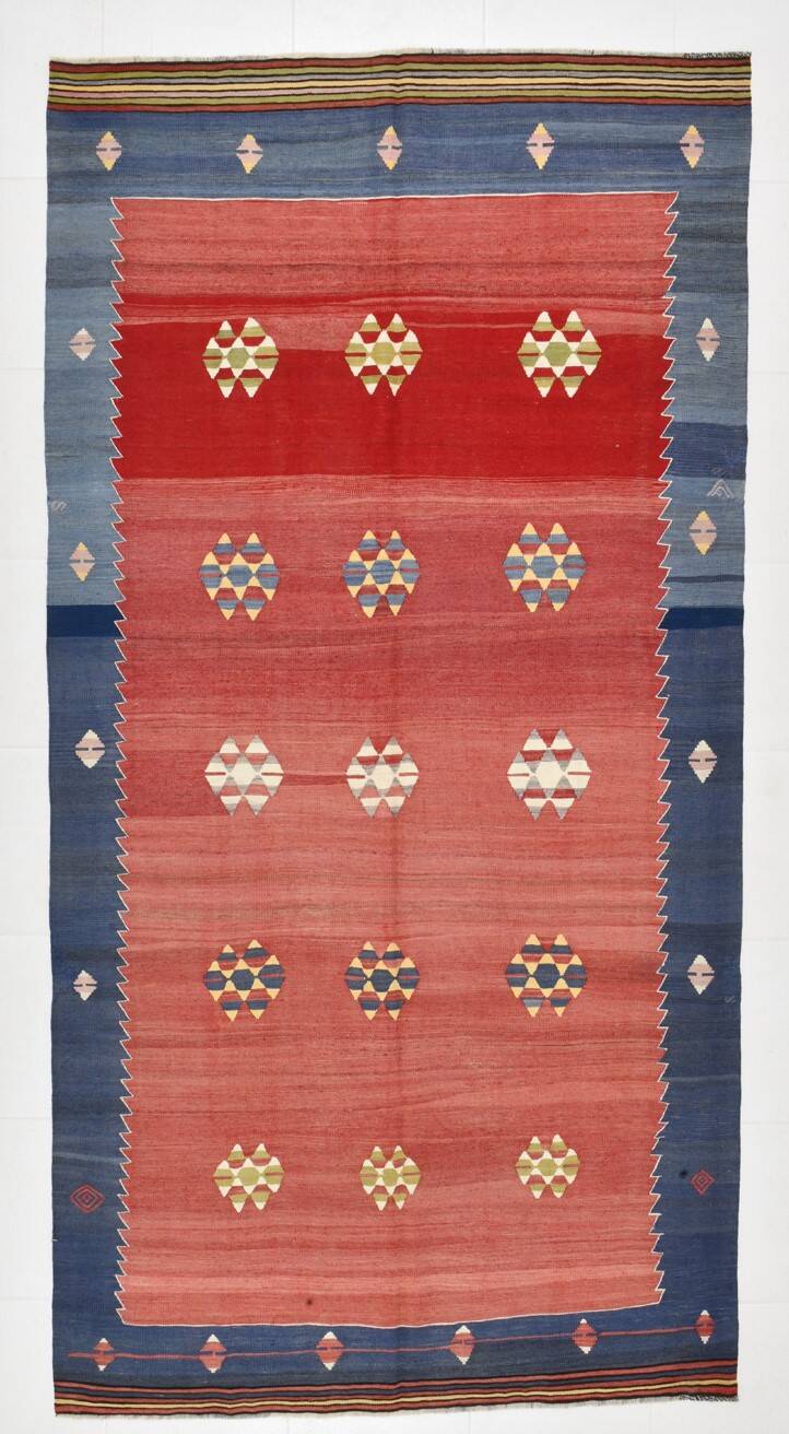 5x10 Blue and Red Vintage Kilim Rug, Handwoven Wool Area Rug, 149x291Cm