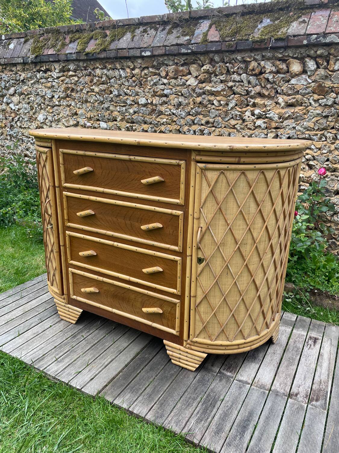Vintage rattan and oak sideboard 1960-70