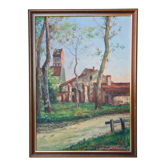 Old painting oil on canvas village view countryside signed M. Rueff early 20th