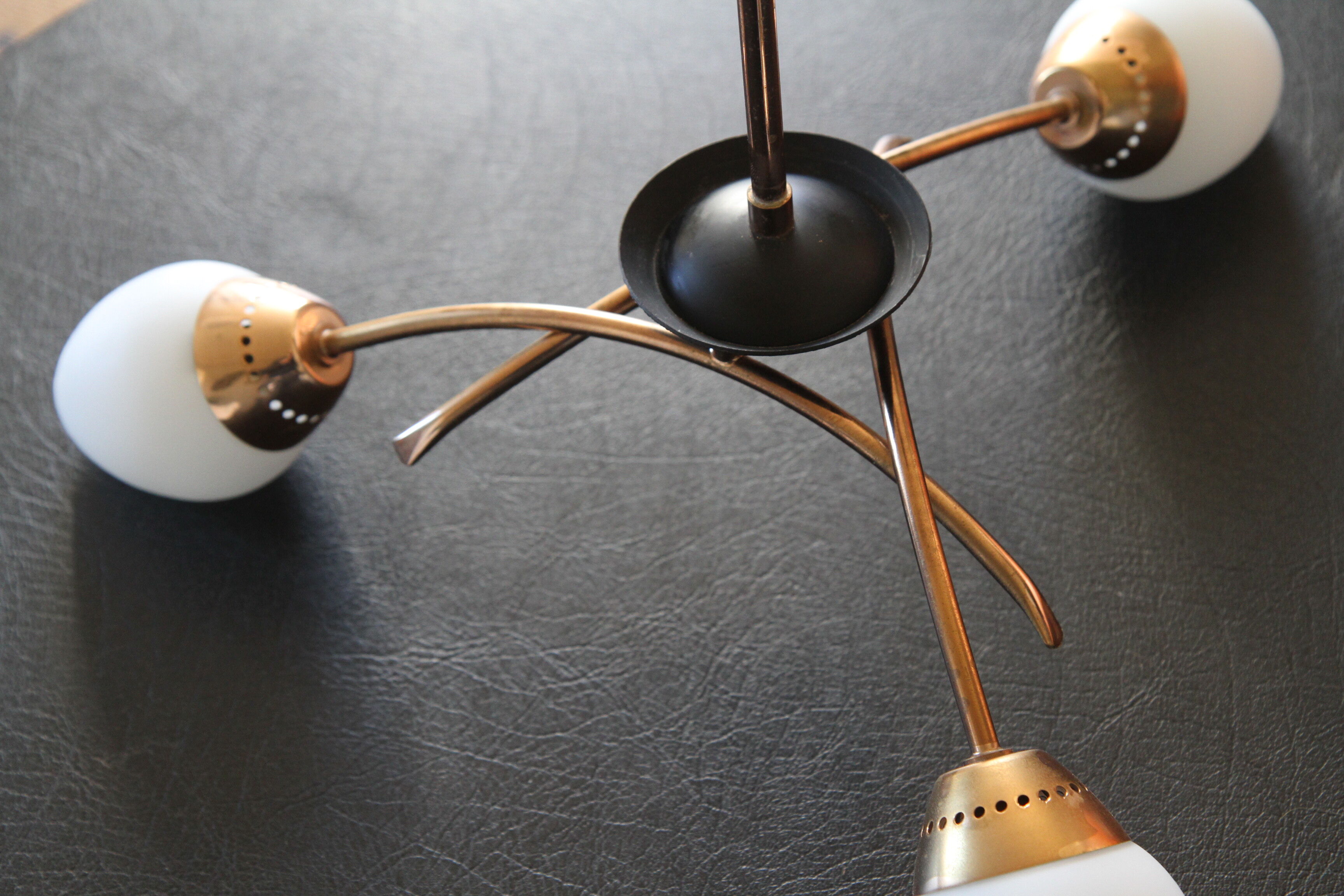 Three-arm brass and glass chandelier from the 1950s