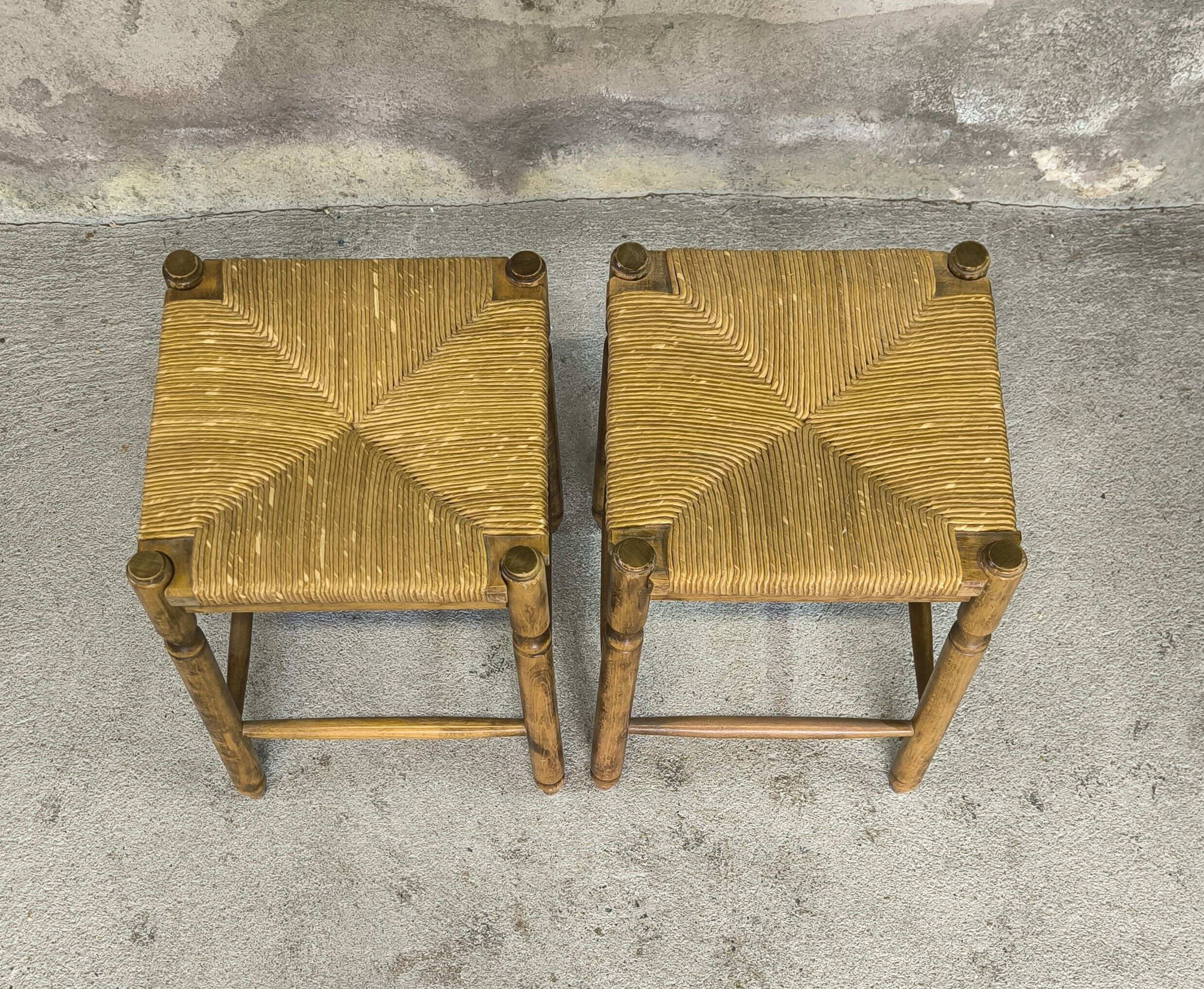 Paire de tabourets vintage en bois et paille