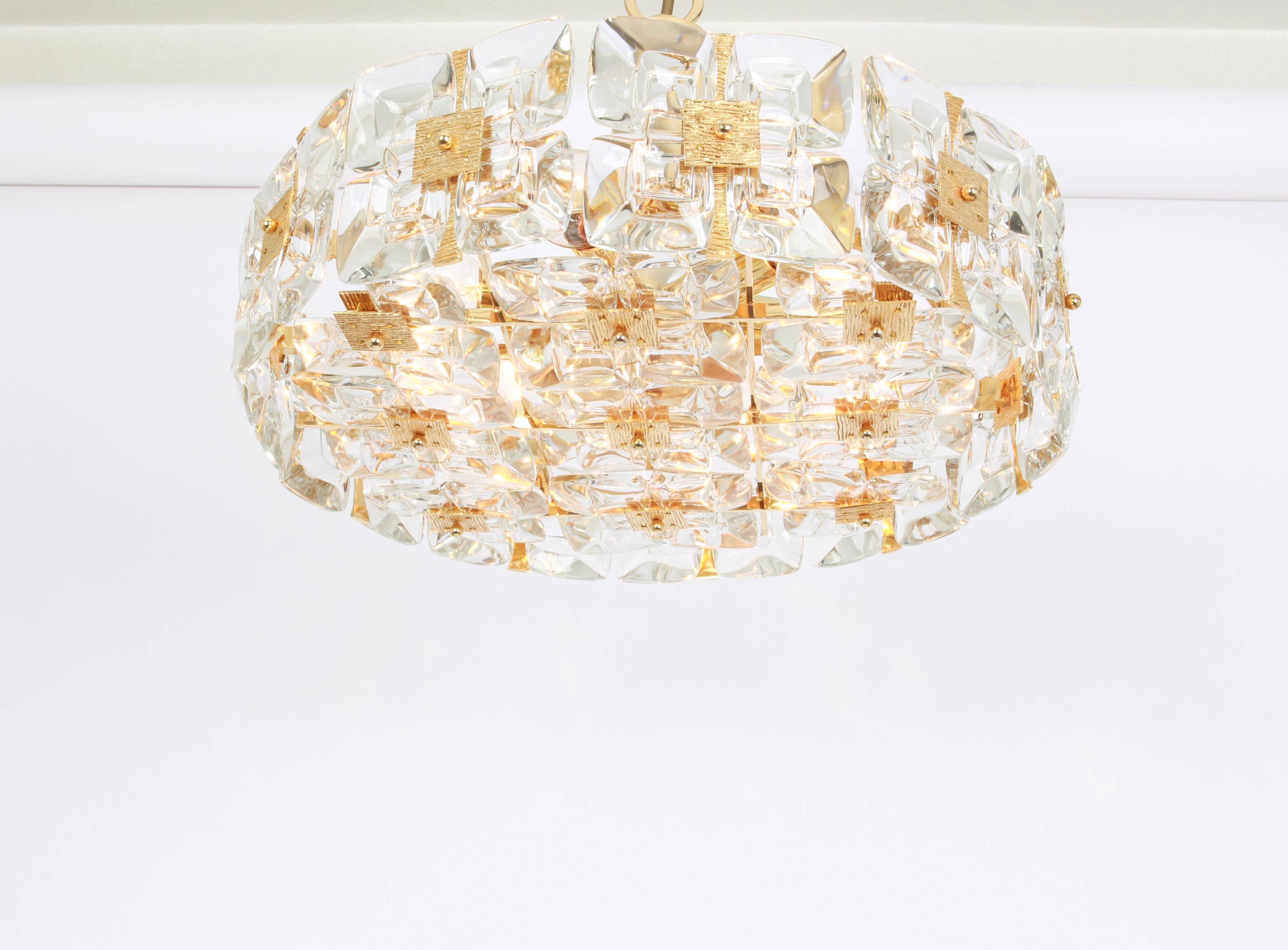 Golden brass and crystal chandelier, Sciolari design by Palwa, Germany, 1970s.