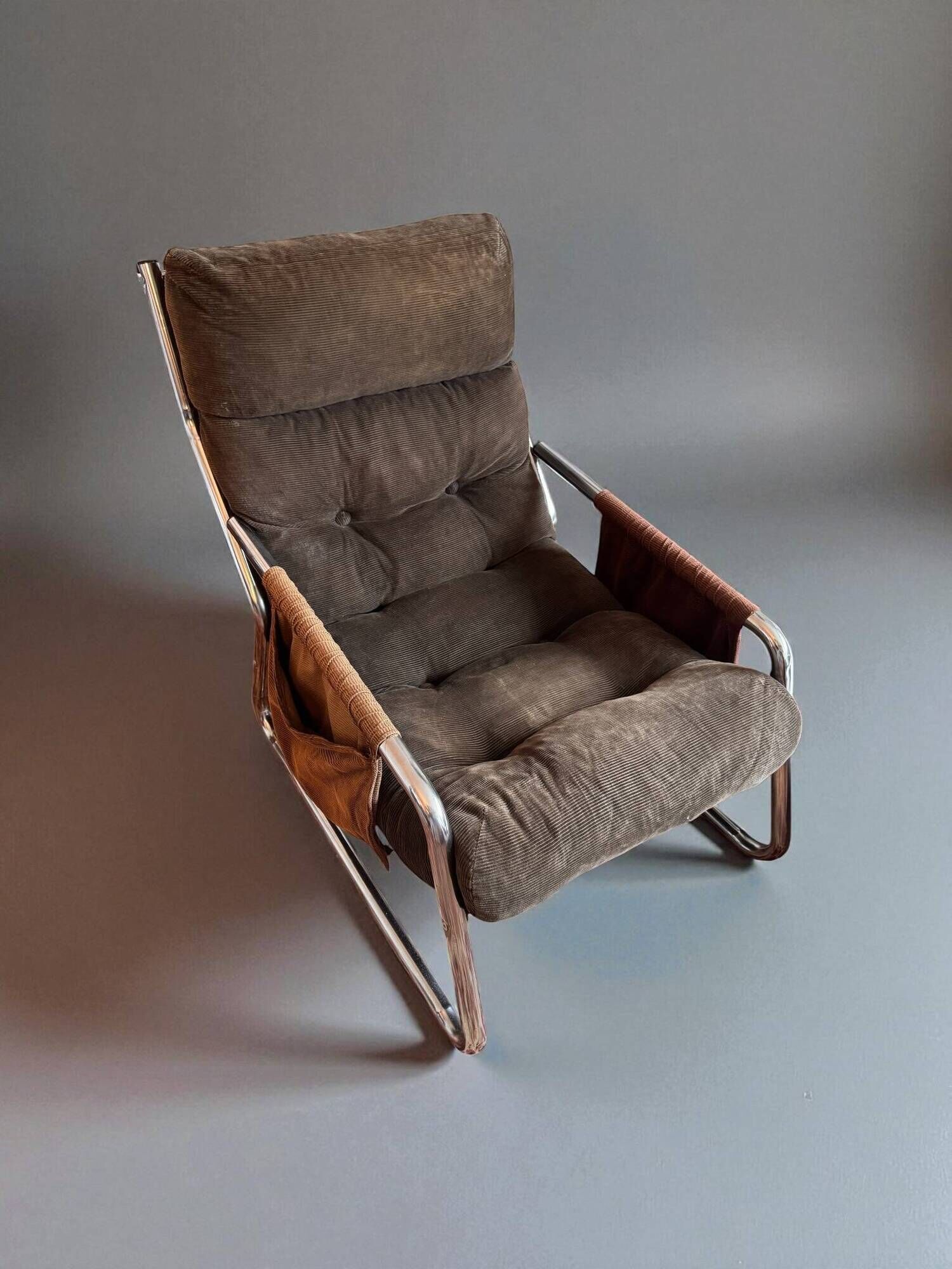 Pixi armchair by Gillis Lundgren for IKEA in chrome and brown velvet, 1974