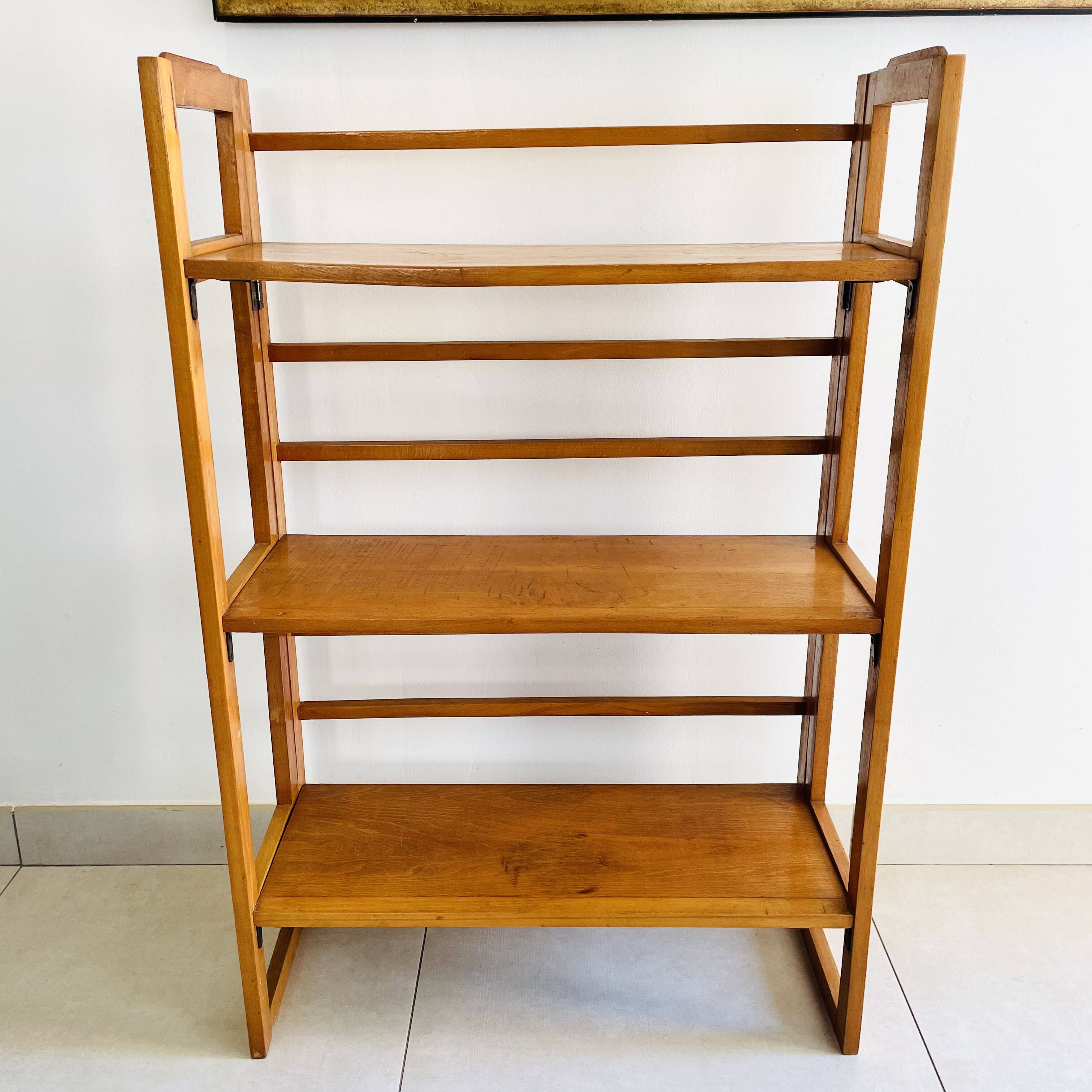 Folding bookcase in varnished wood, Scandinavian vintage style from the 1970s