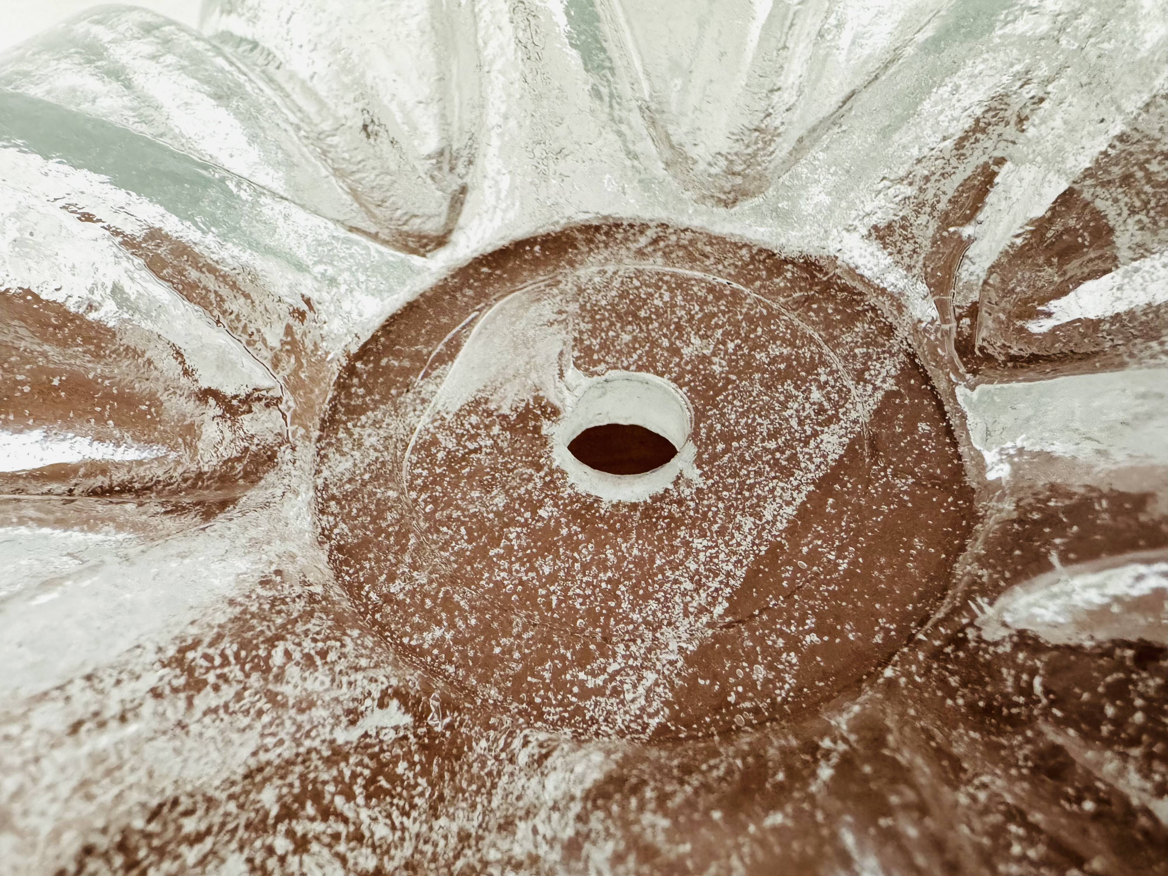 1 of 2 Large Brass and Floral Ice Glass Flush Light by Glashütte Limburg