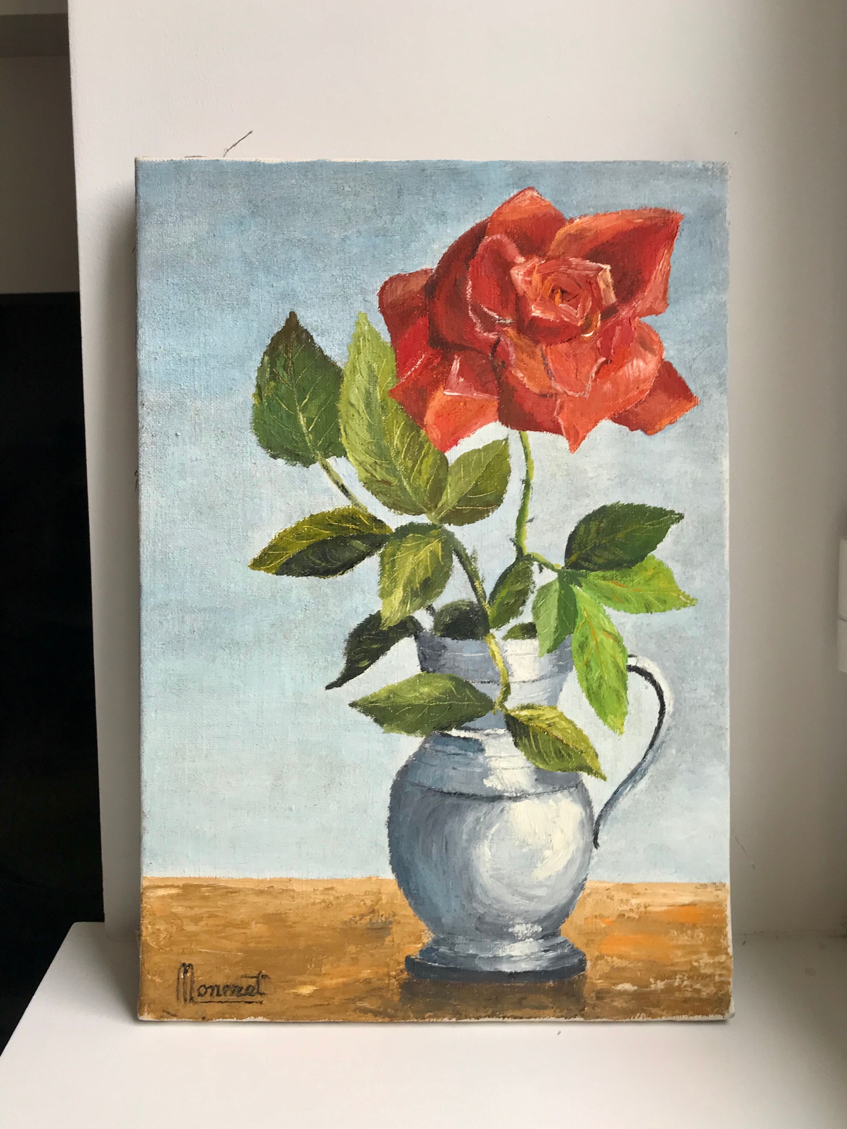 Oil on canvas painting flower signed vintage