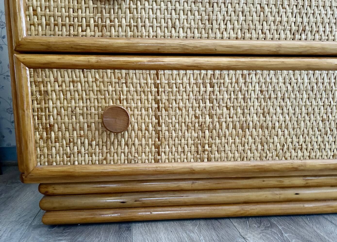 Maugrion chest of drawers for Roche Bobois, wood and rattan, 1980s