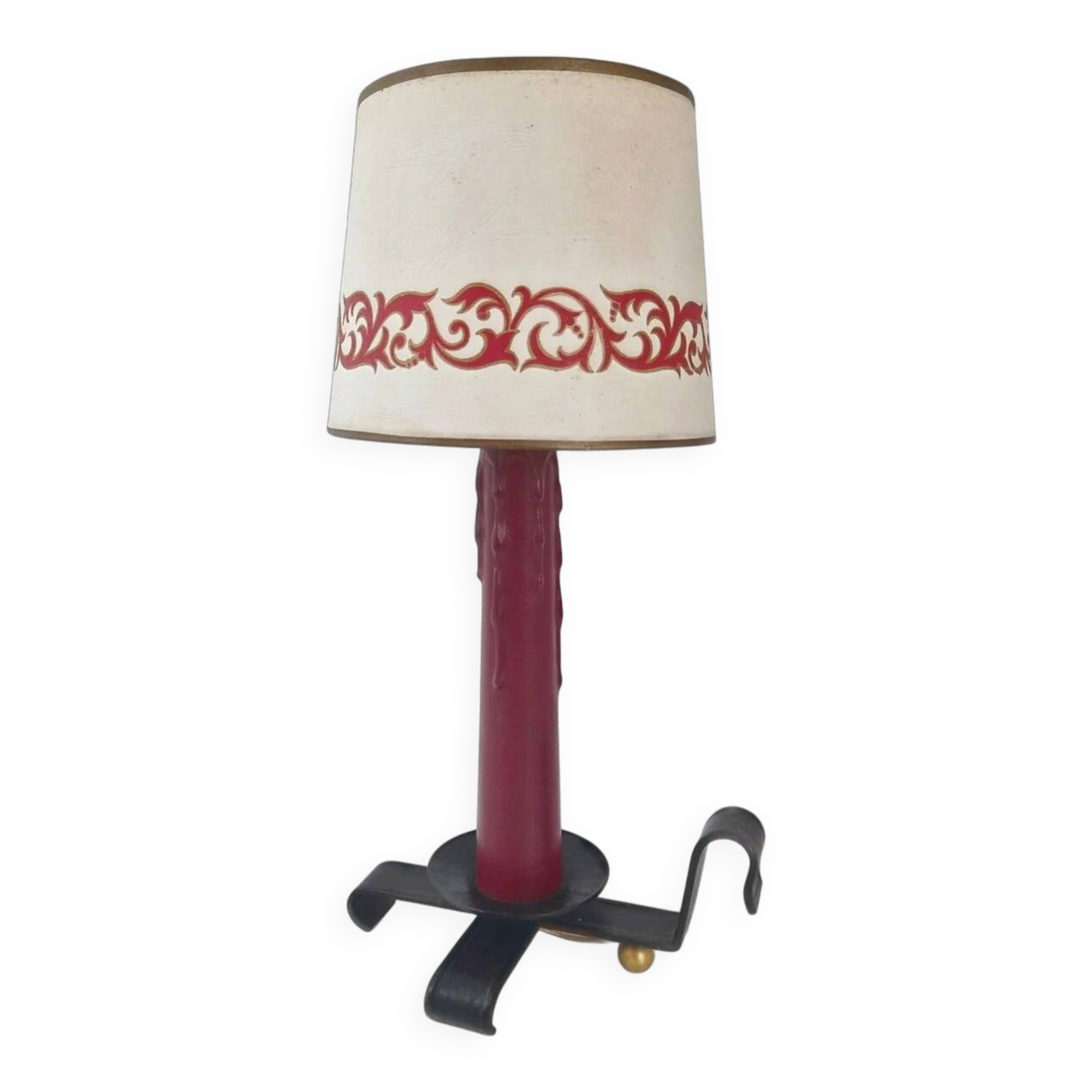 Vintage 1950s table lamp in black leather & burgundy 50s dlg Jacques Adnet r