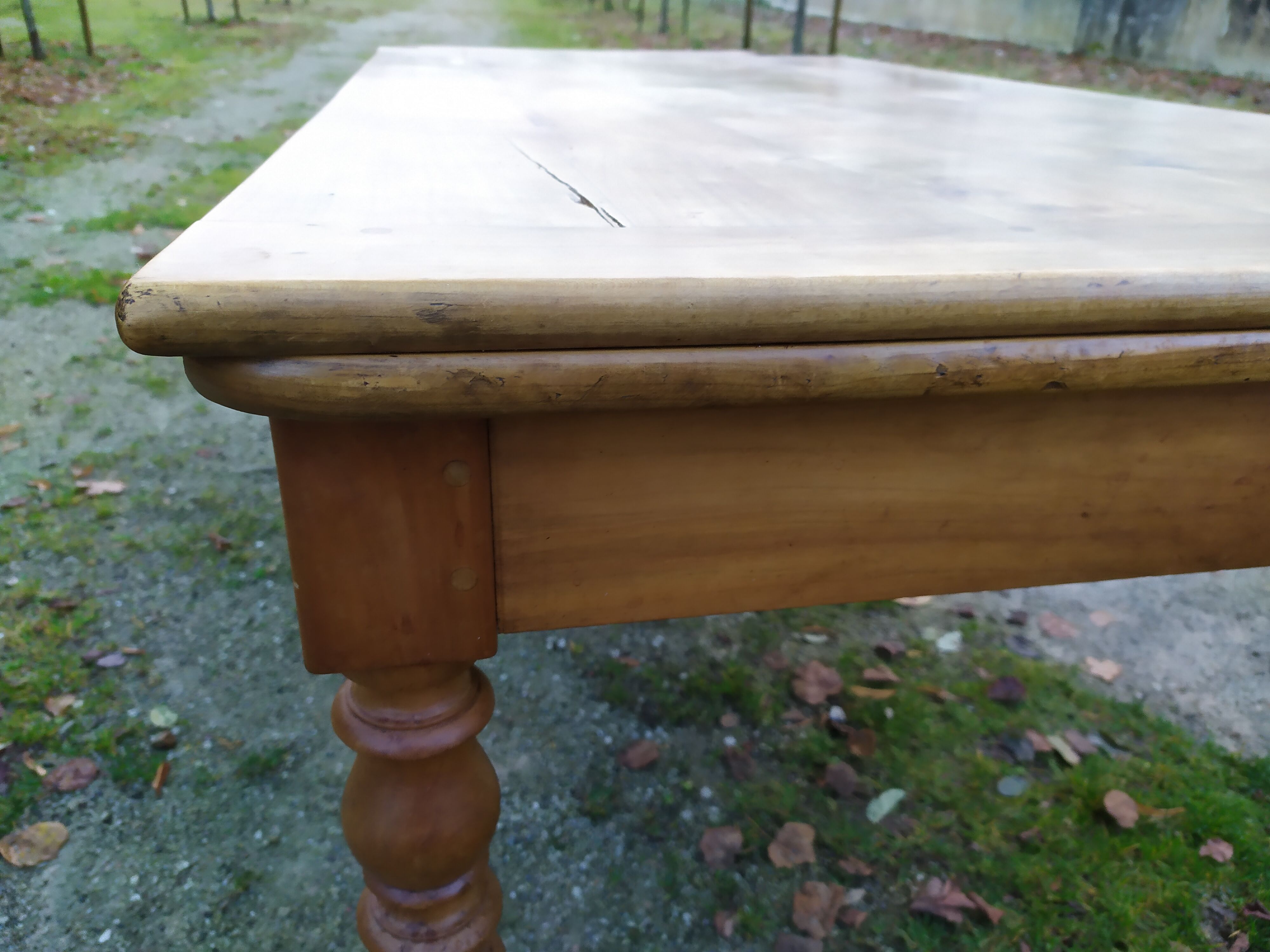 Cherry farm table, turned legs, 2 extensions