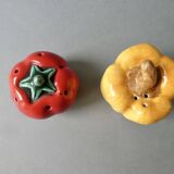 Salt and pepper shakers in barbotine, pepper and tomato shape