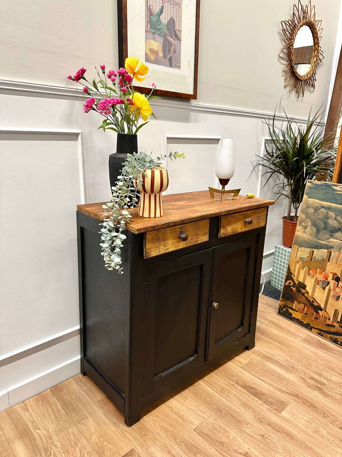 Parisian black and wood sideboard