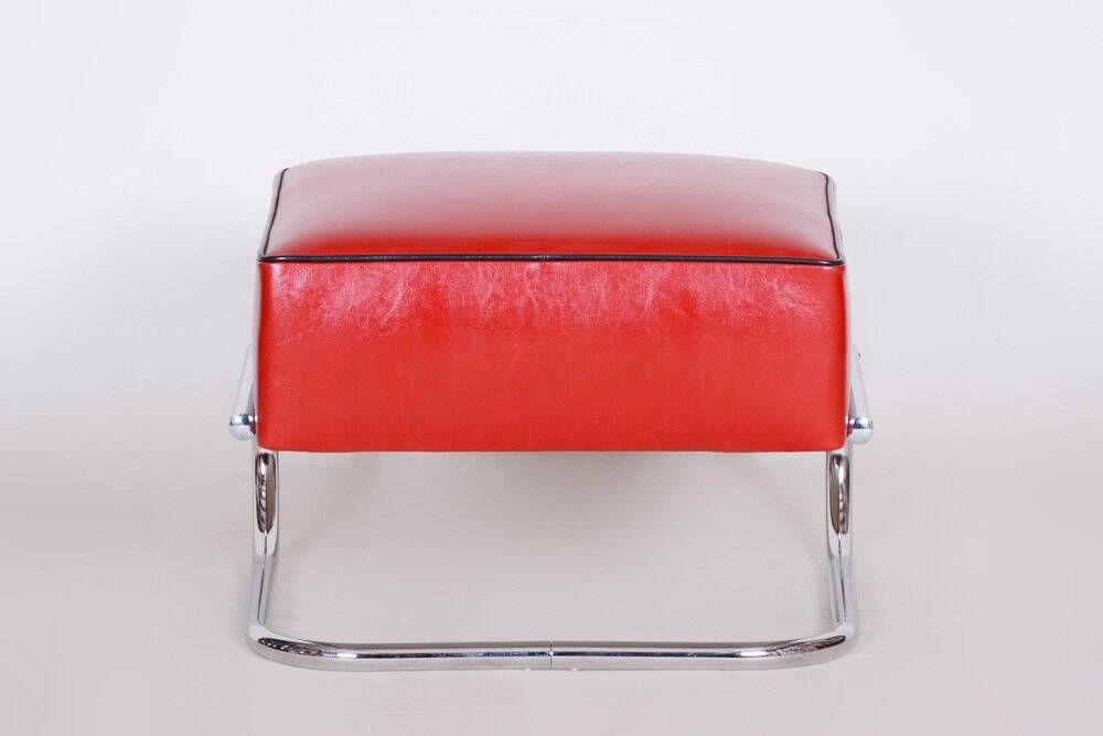 Modern Tubular Stool in Red Leather and Chrome-Plated Steel from Slezák, 1930s