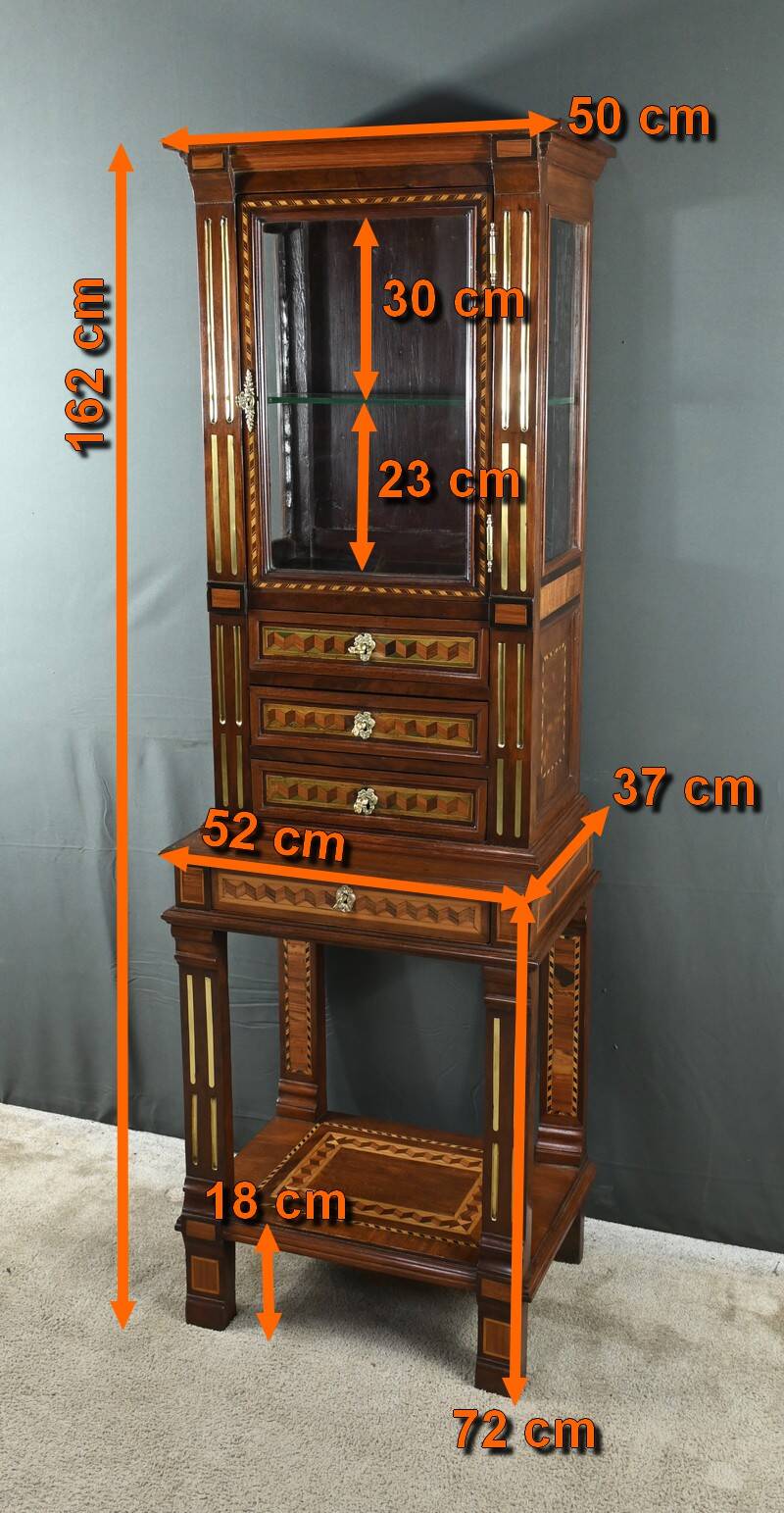 Rare small marquetry display cabinet, louis xvi style – mid 19th century