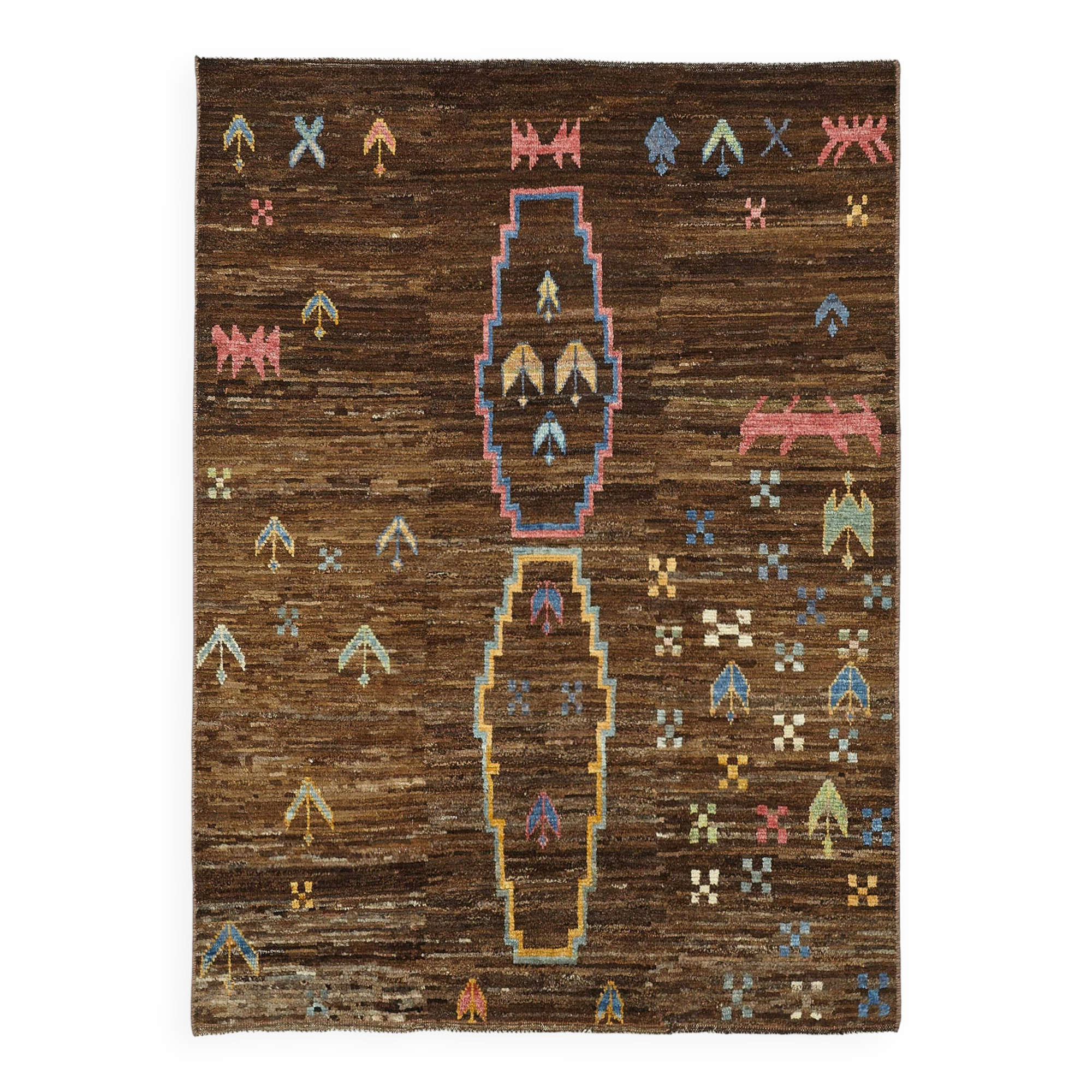Hand-Knotted Tribal Unique 145 cm x 200 cm Brown Wool Carpet