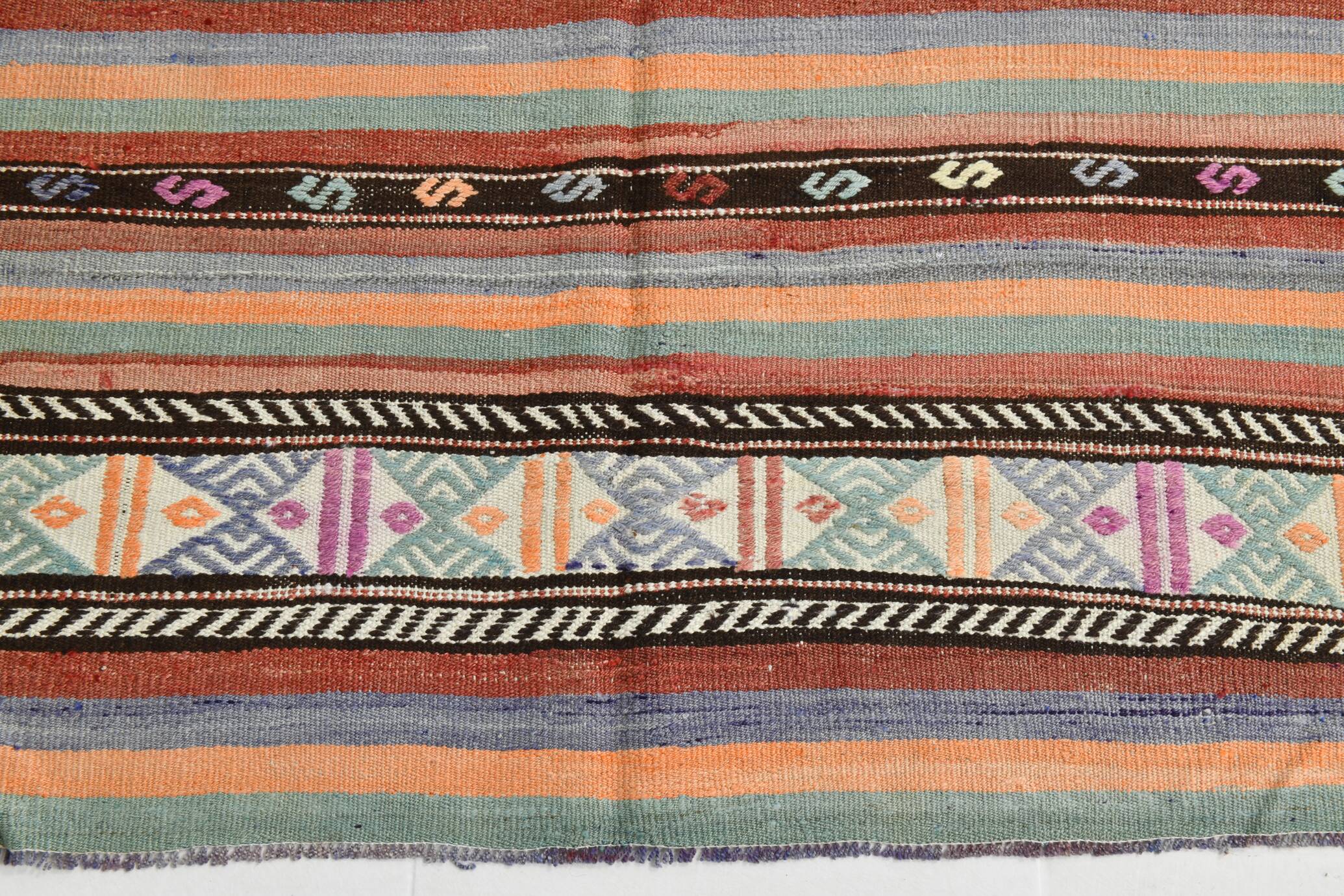 6x8 Ethnic Striped Green & Orange Kilim Rug, 176x230Cm