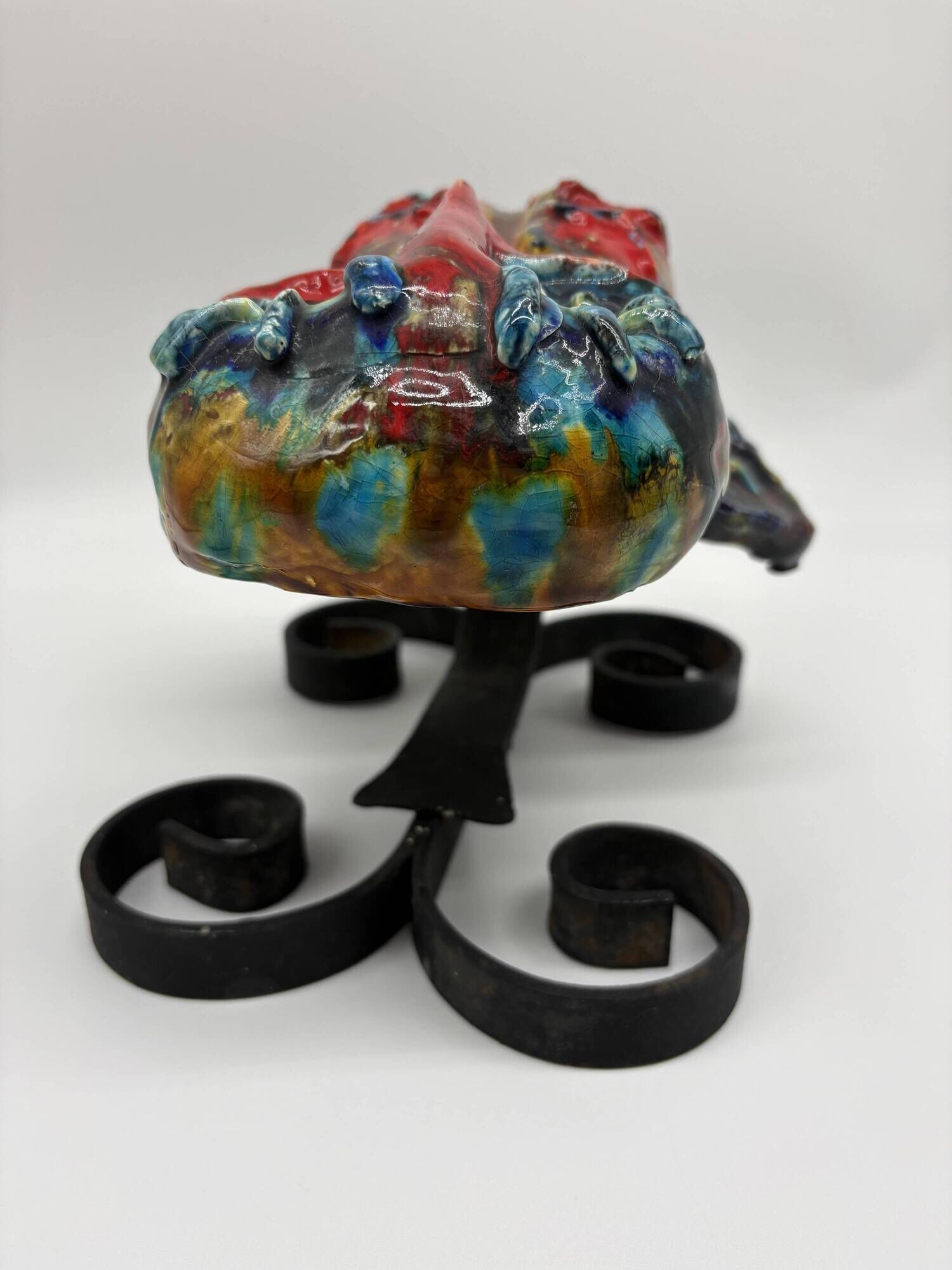 Owl Sculpture in Glazed Ceramic Dated 1991 on Wrought Iron Base