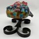 Owl Sculpture in Glazed Ceramic Dated 1991 on Wrought Iron Base
