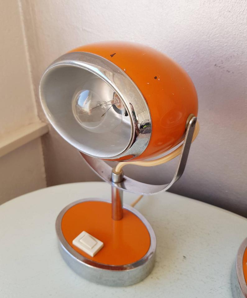 Pair of orange eye table lamps from the 70s space age