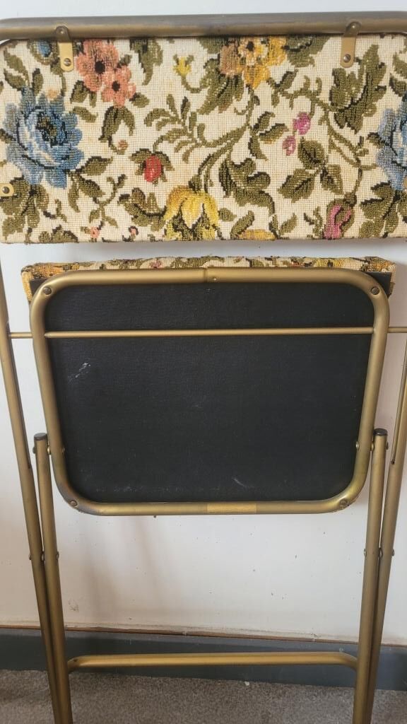 Vintage folding chair lafuma doree and tapestry