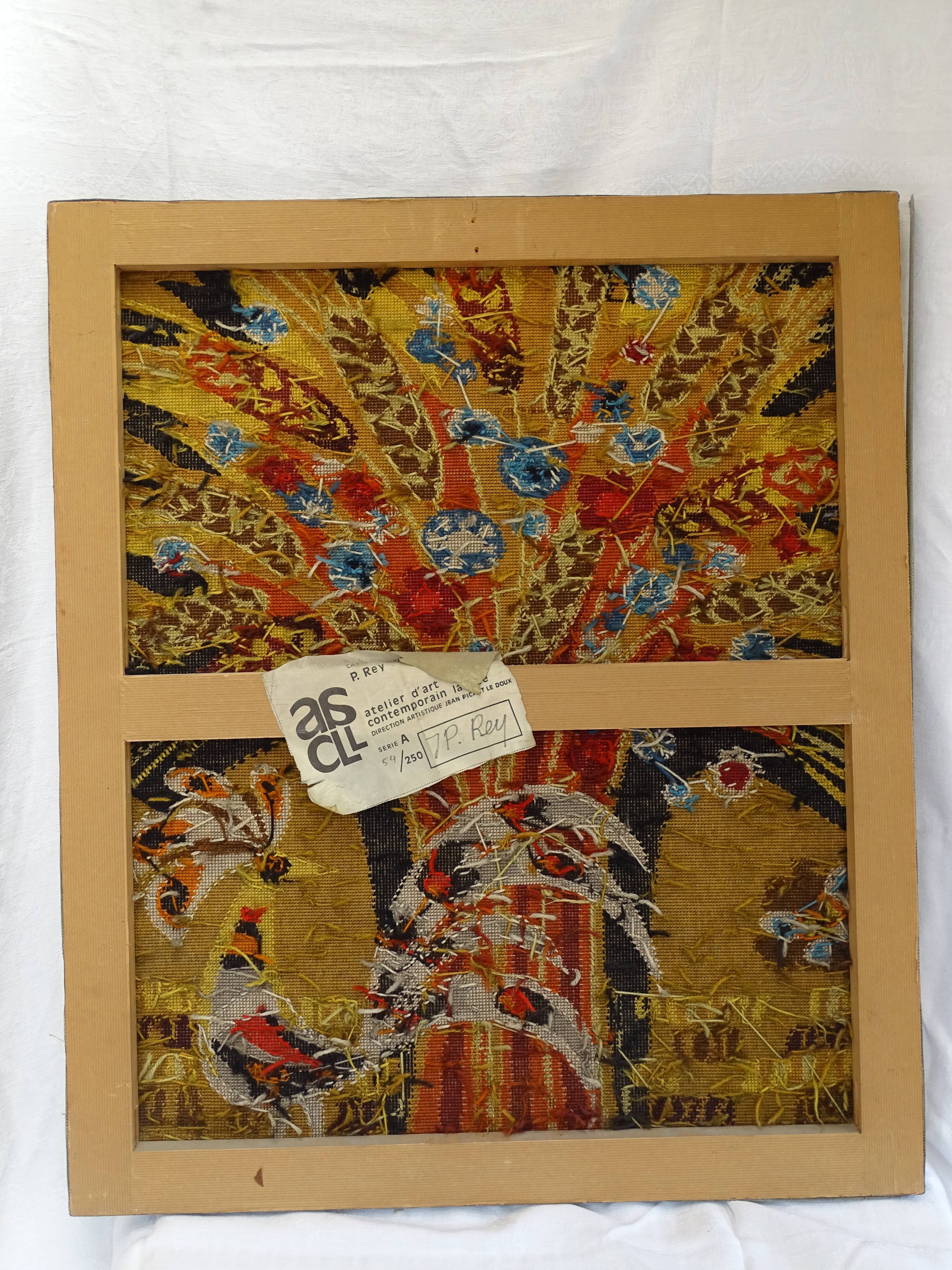 Wall tapestry "the rooster under the bouquet of wheat" signed Rey, circa 1970