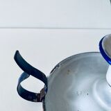 Antique candle holder in white and blue enamelled metal