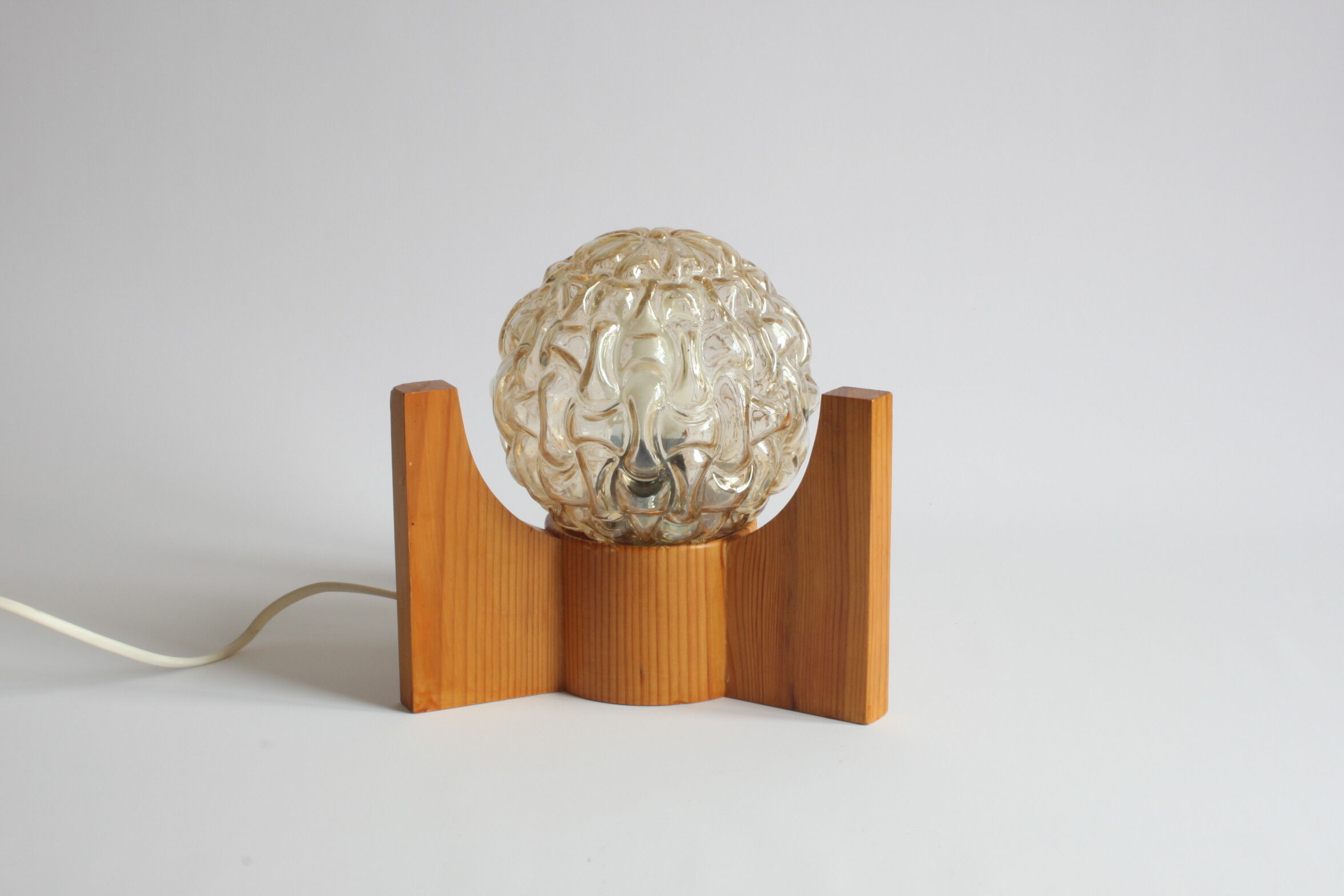 Textured glass ball space age lamp wooden table lamp, 1970s