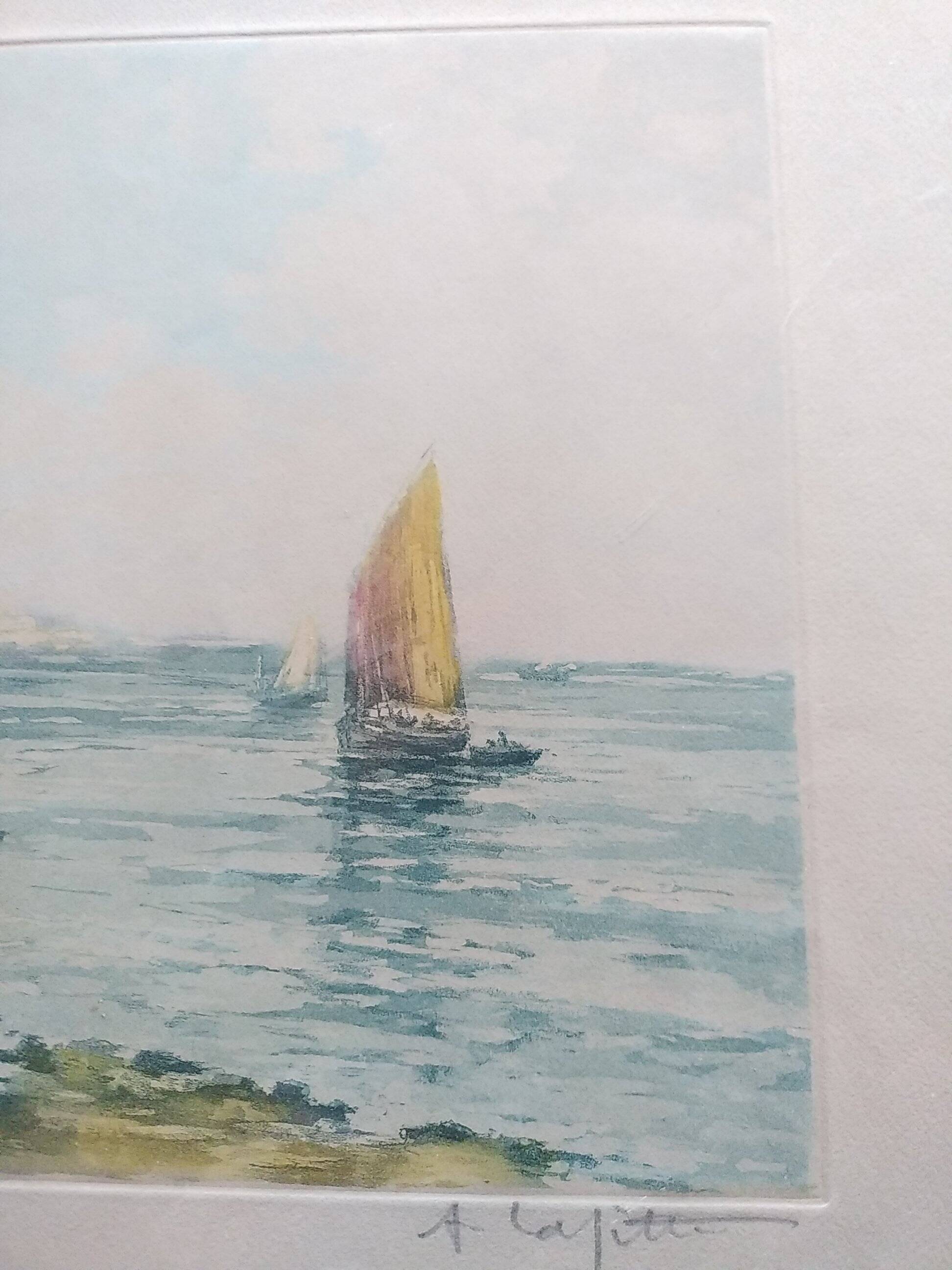 Alphonse Laffite. Aquatint old rigging in the bay.