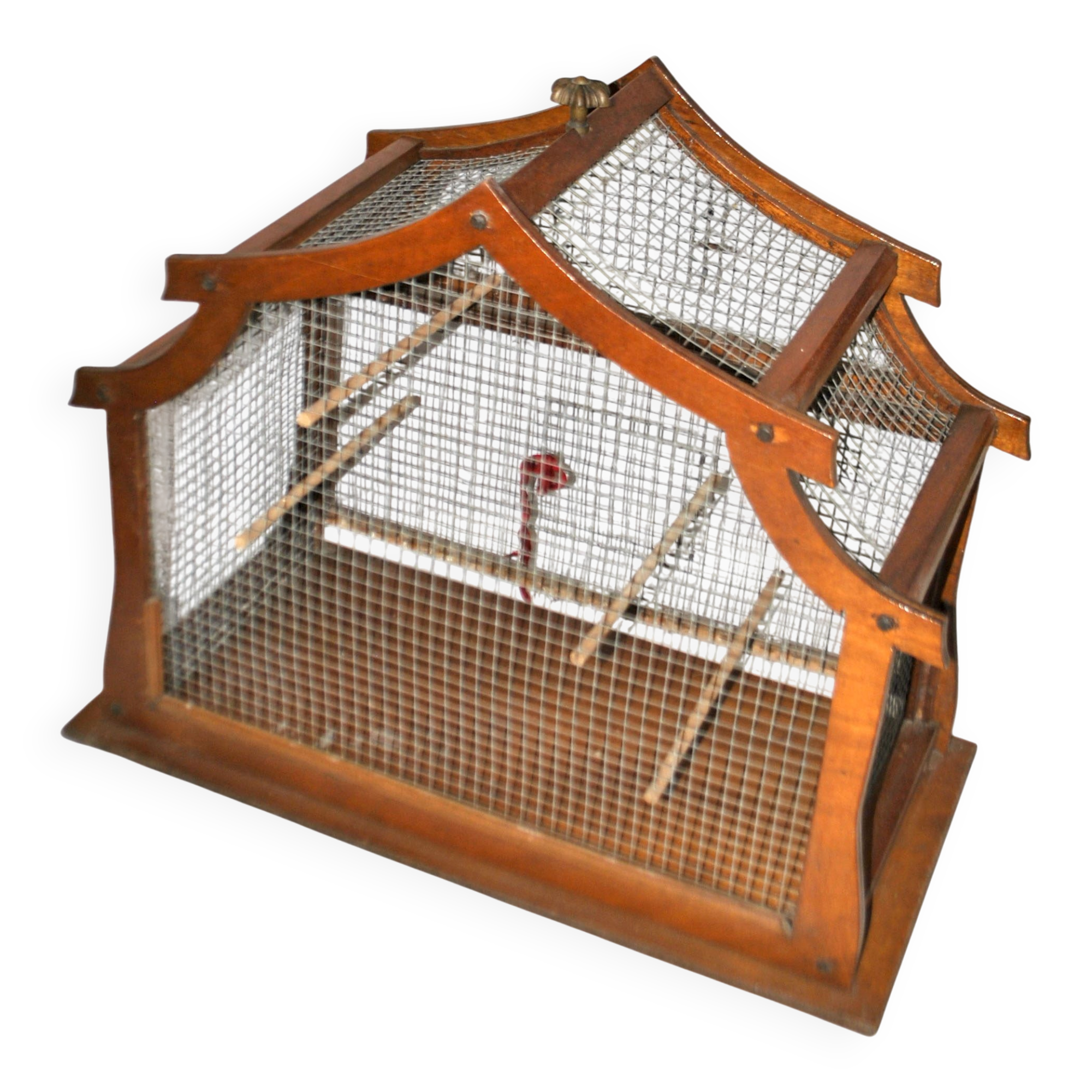 Large vintage wooden birdcage with metal mesh - Handmade 1960s