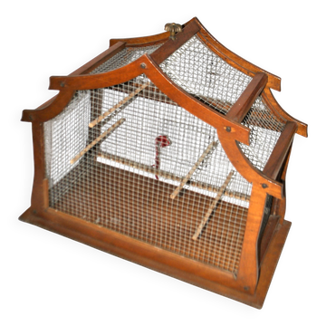 Large vintage wooden birdcage with metal mesh - Handmade 1960s