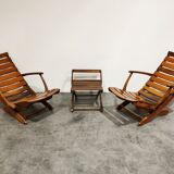 Pair of wooden folding garden chairs with table, 1950s