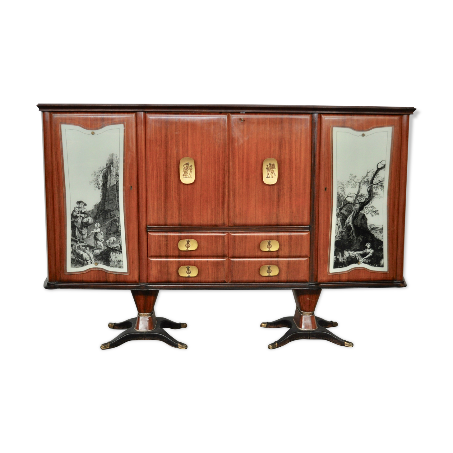 Mahogany pear tree, brass & glass top drawers sideboard from f.lli rigamonti desio, milan, 1940s