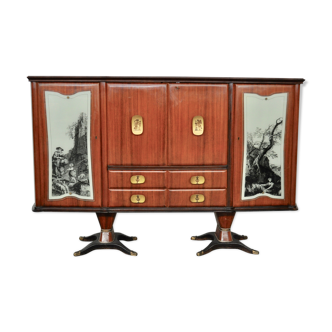 Mahogany pear tree, brass & glass top drawers sideboard from f.lli rigamonti desio, milan, 1940s