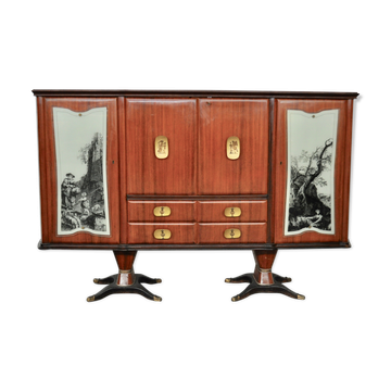 Mahogany pear tree, brass & glass top drawers sideboard from f.lli rigamonti desio, milan, 1940s