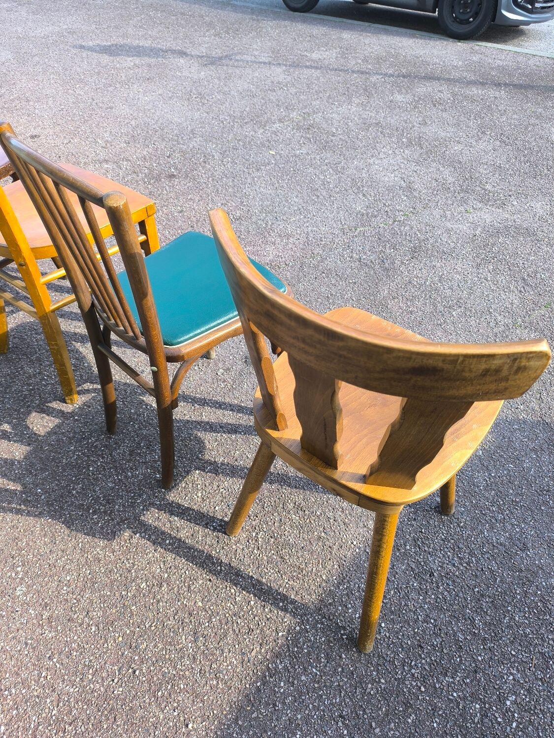 Set of 6 mismatched vintage wooden bistro chairs