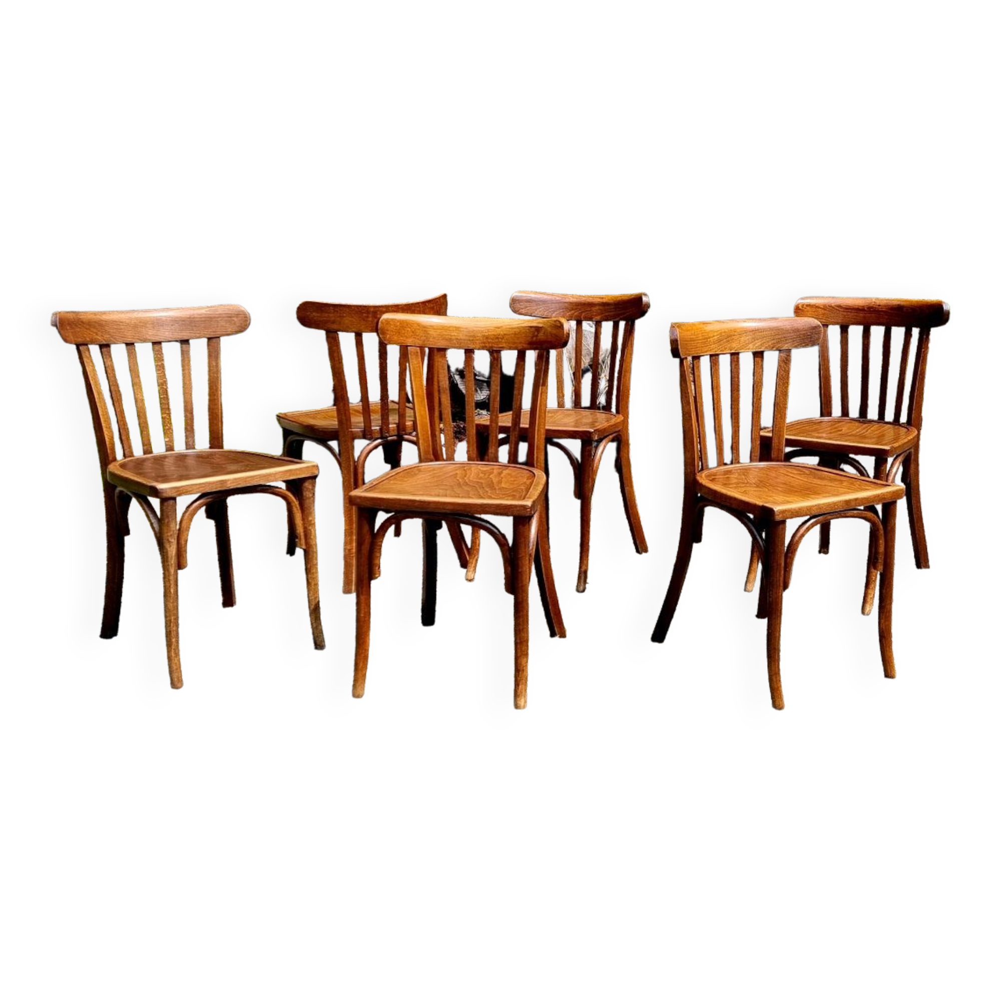 6 curved wooden bistro chairs 60s