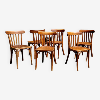 6 curved wooden bistro chairs 60s