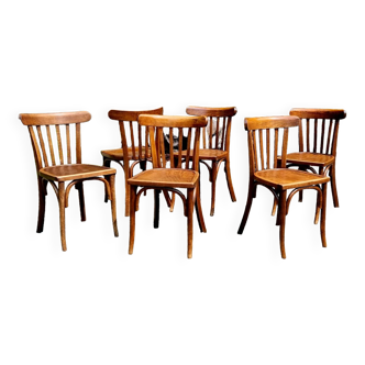 6 curved wooden bistro chairs 60s