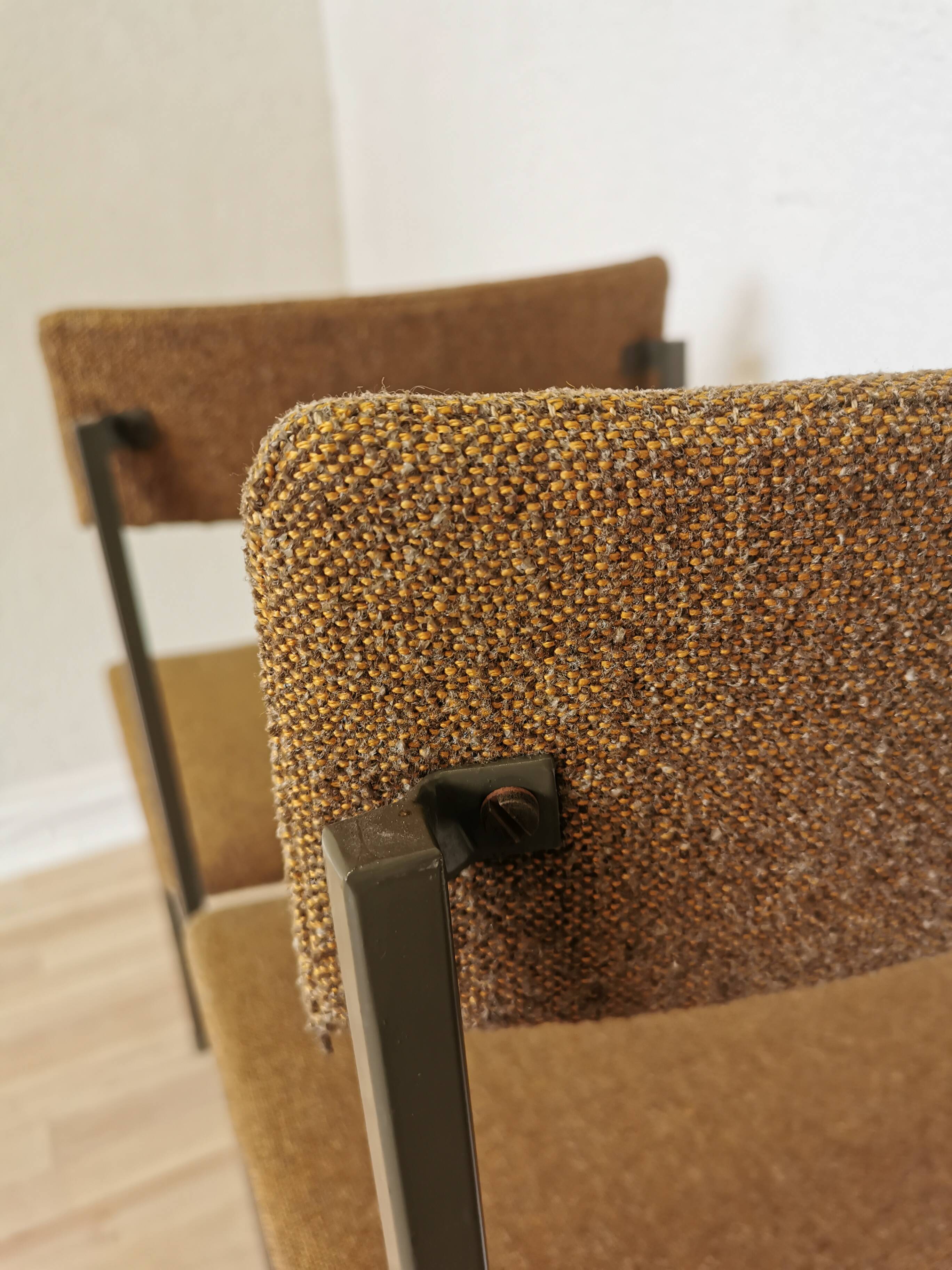 Set of 4 Vintage Industrial School Chairs: Brown Fabric, Black Metal Base