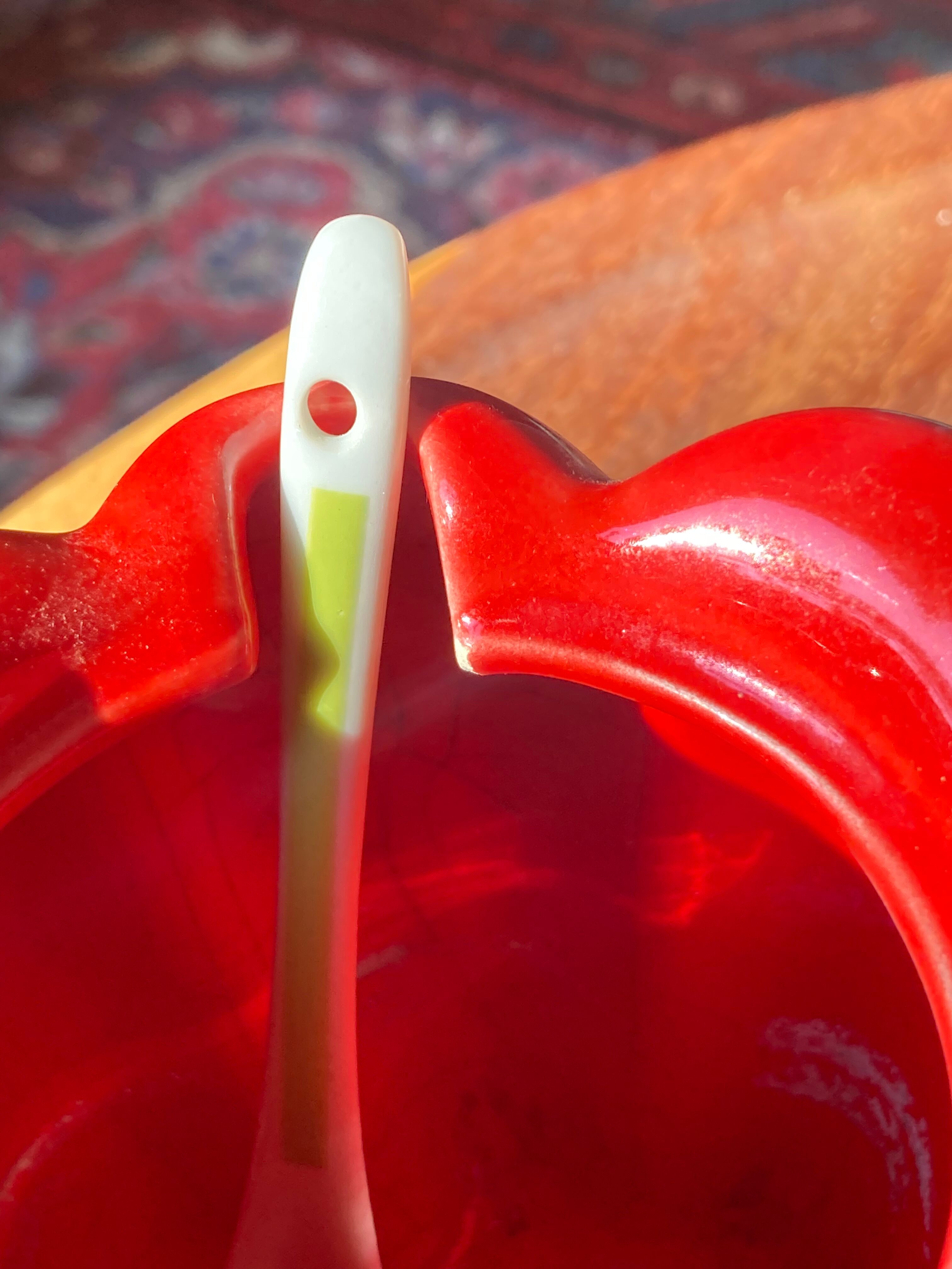 Vintage pepper slip / red and green ceramic covered pot / sugar bowl