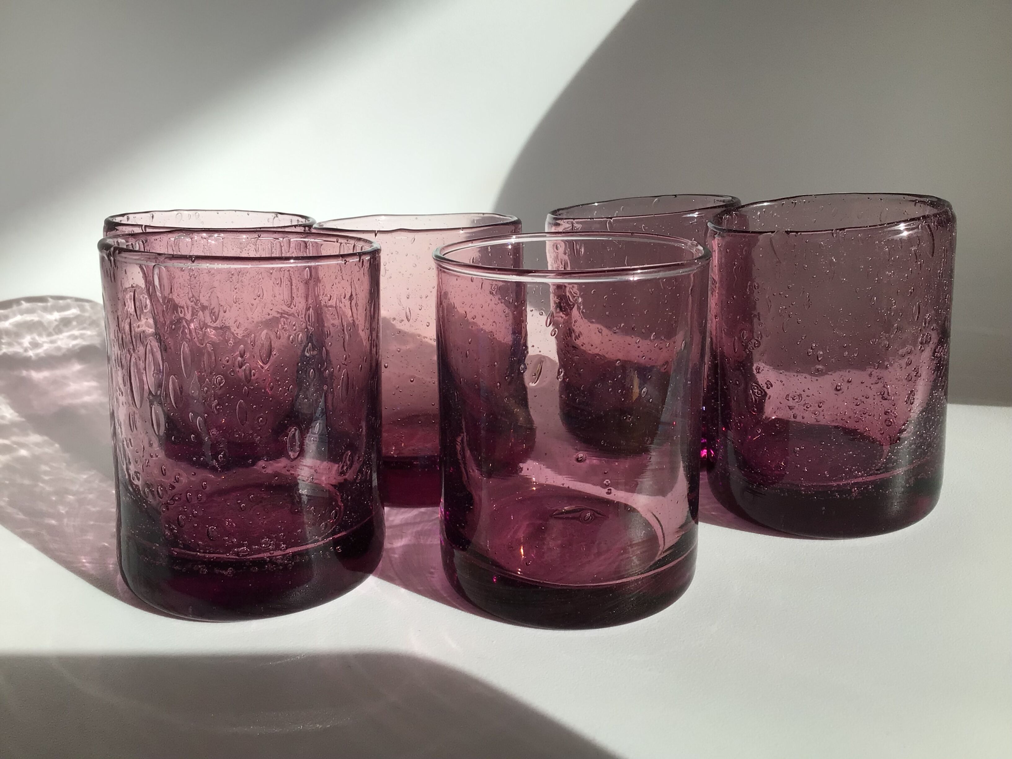 6 Straight bubbled glasses purple mouth blown glass