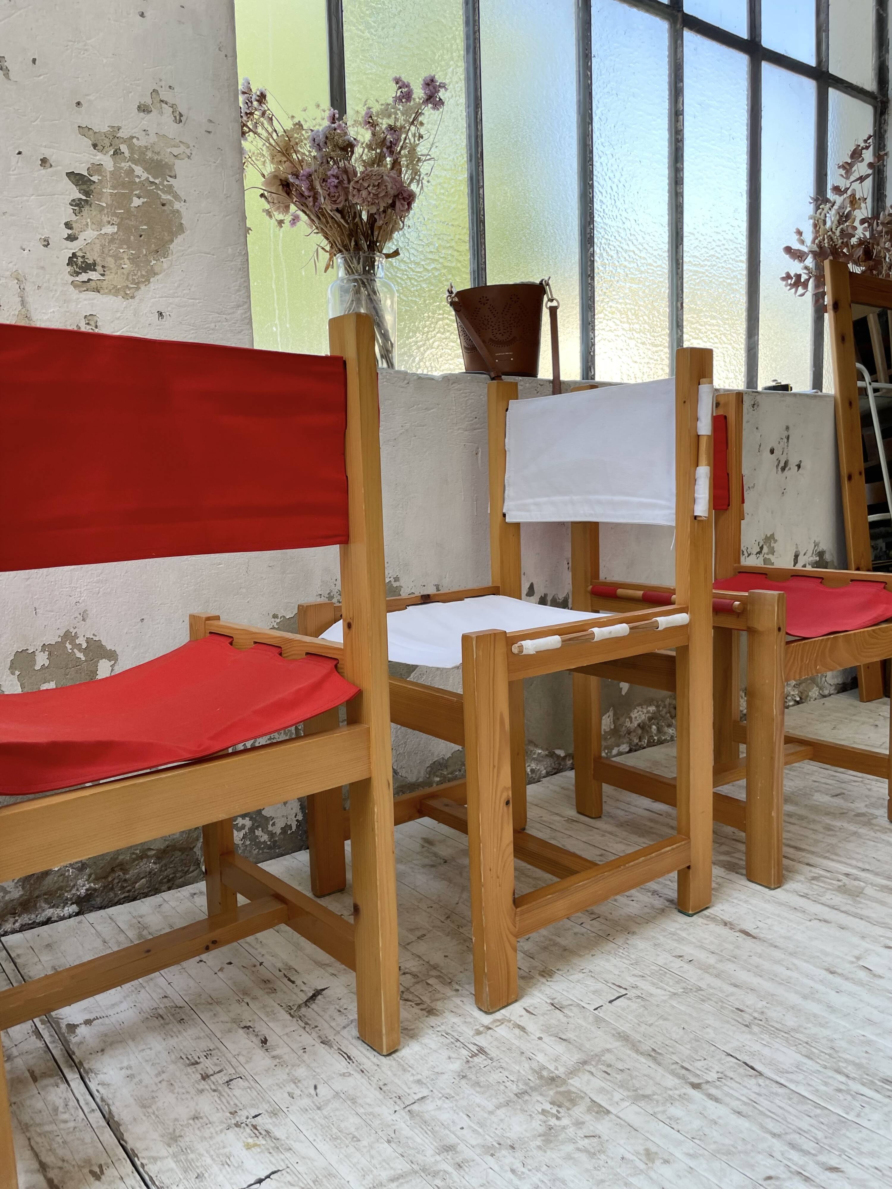 Set of 4 80s colored pine chairs