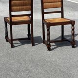 Bench and 2 chairs in solid oak and straw, French craftsmanship from 1940.