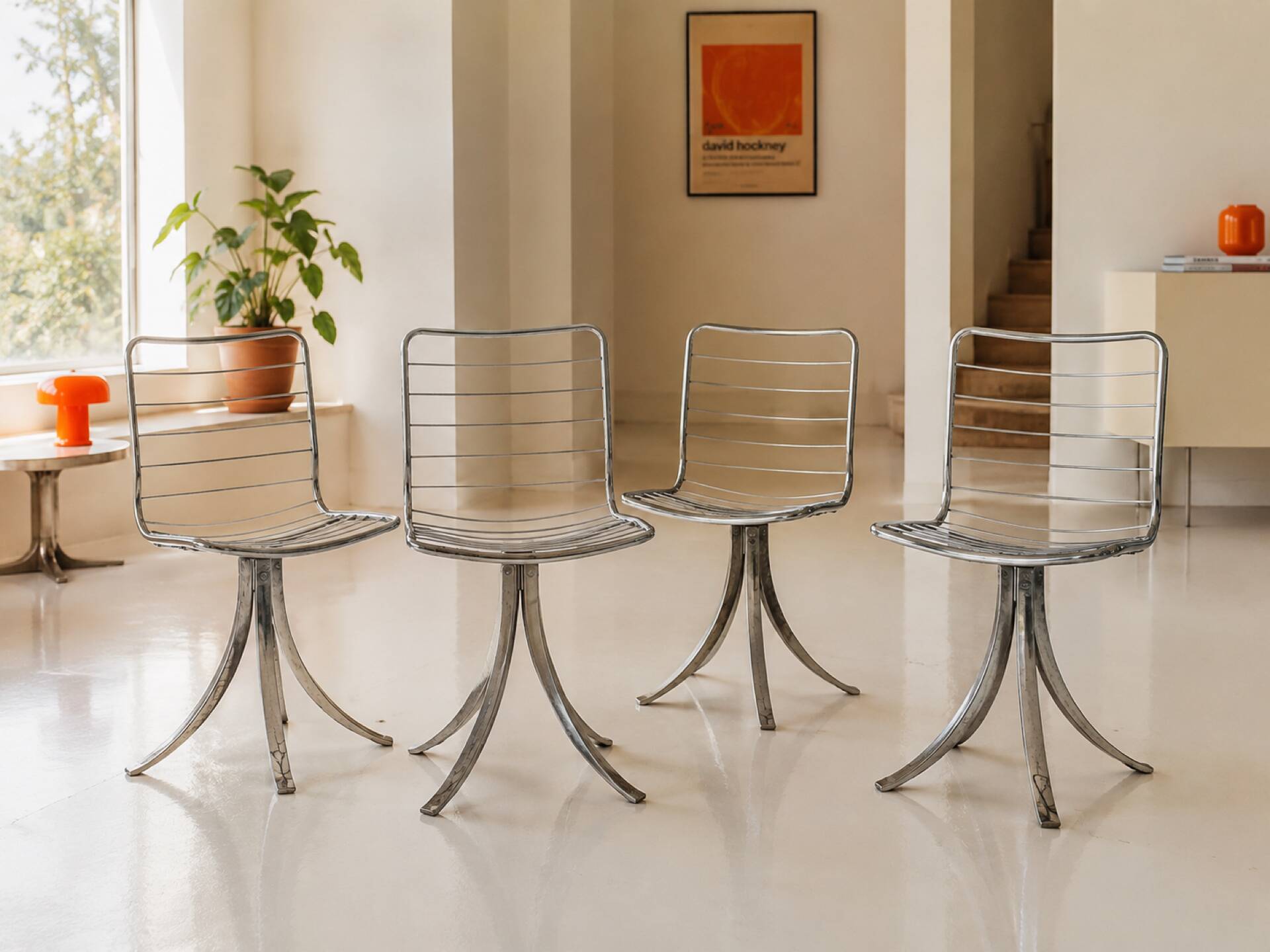 Set of 4 vintage swivel chairs in chrome metal – 1970s Ensem