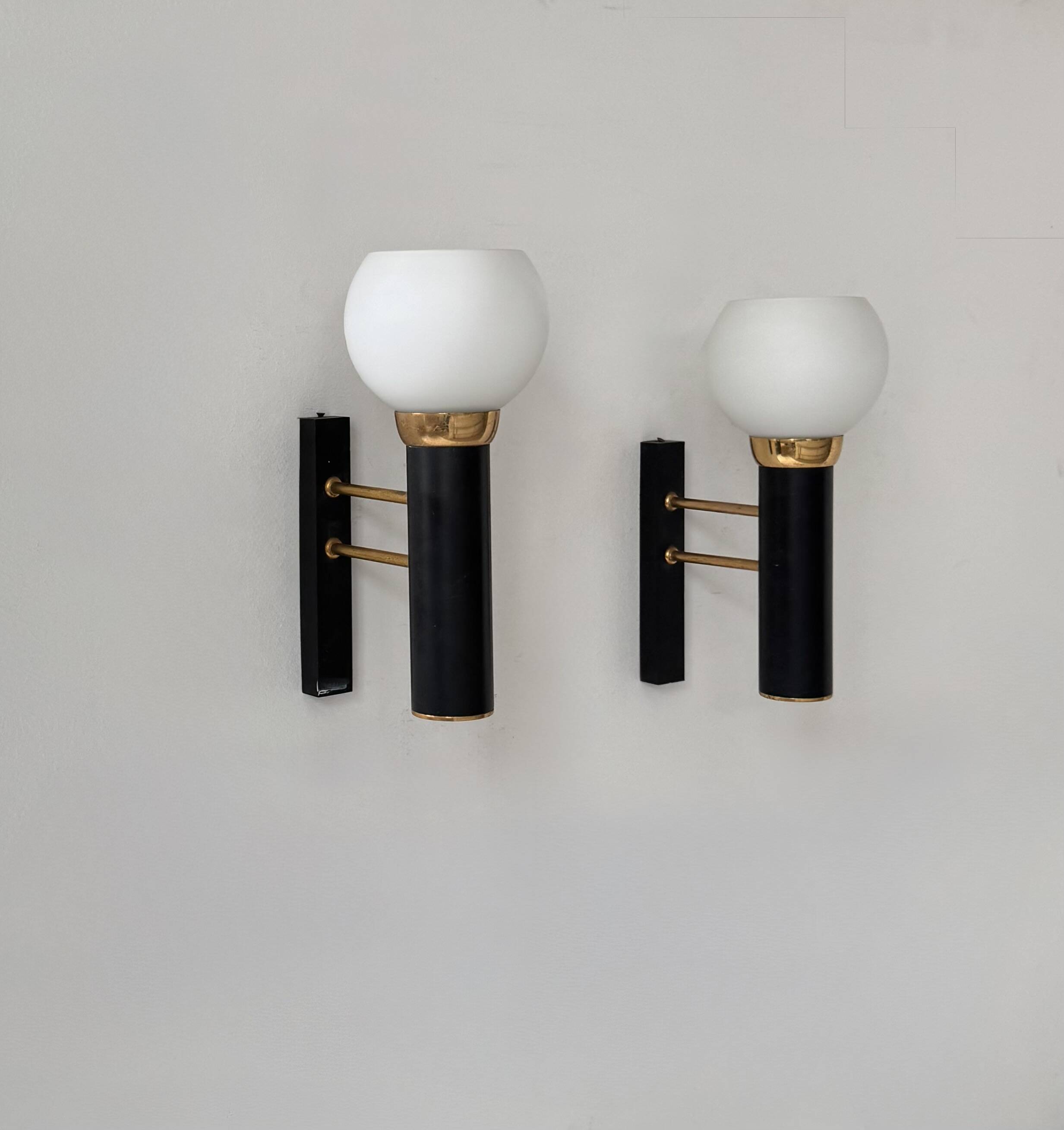 Pair of vintage wall lights, opaline brass and matte black metal, France, 1950
