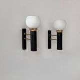 Pair of vintage wall lights, opaline brass and matte black metal, France, 1950