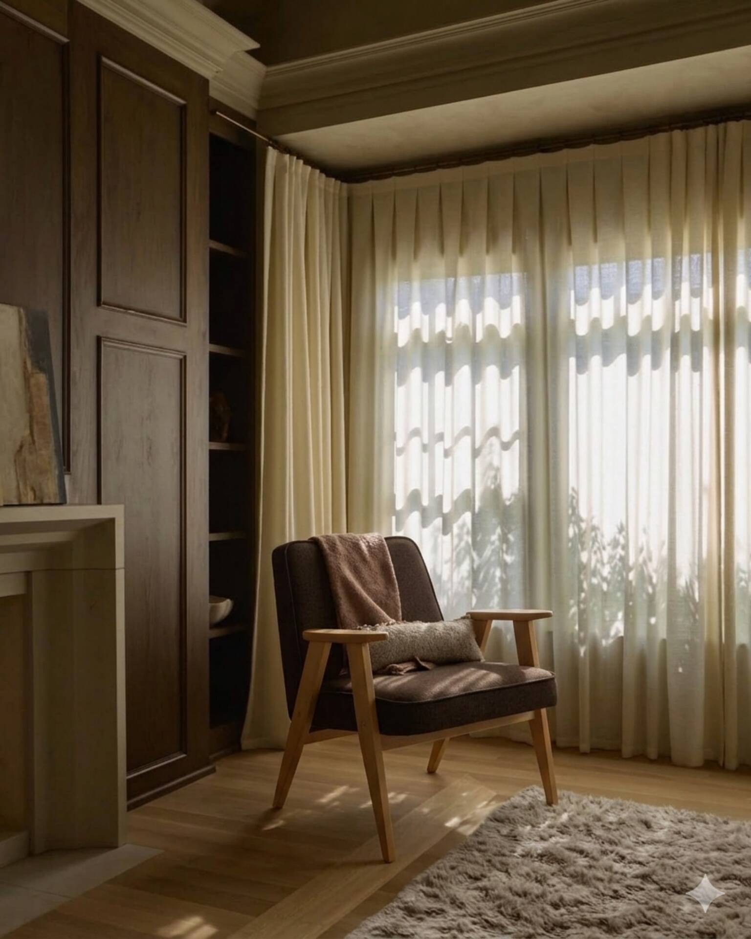 Fauteuil rétro en tissu en laine cacao, bois de hêtre naturel