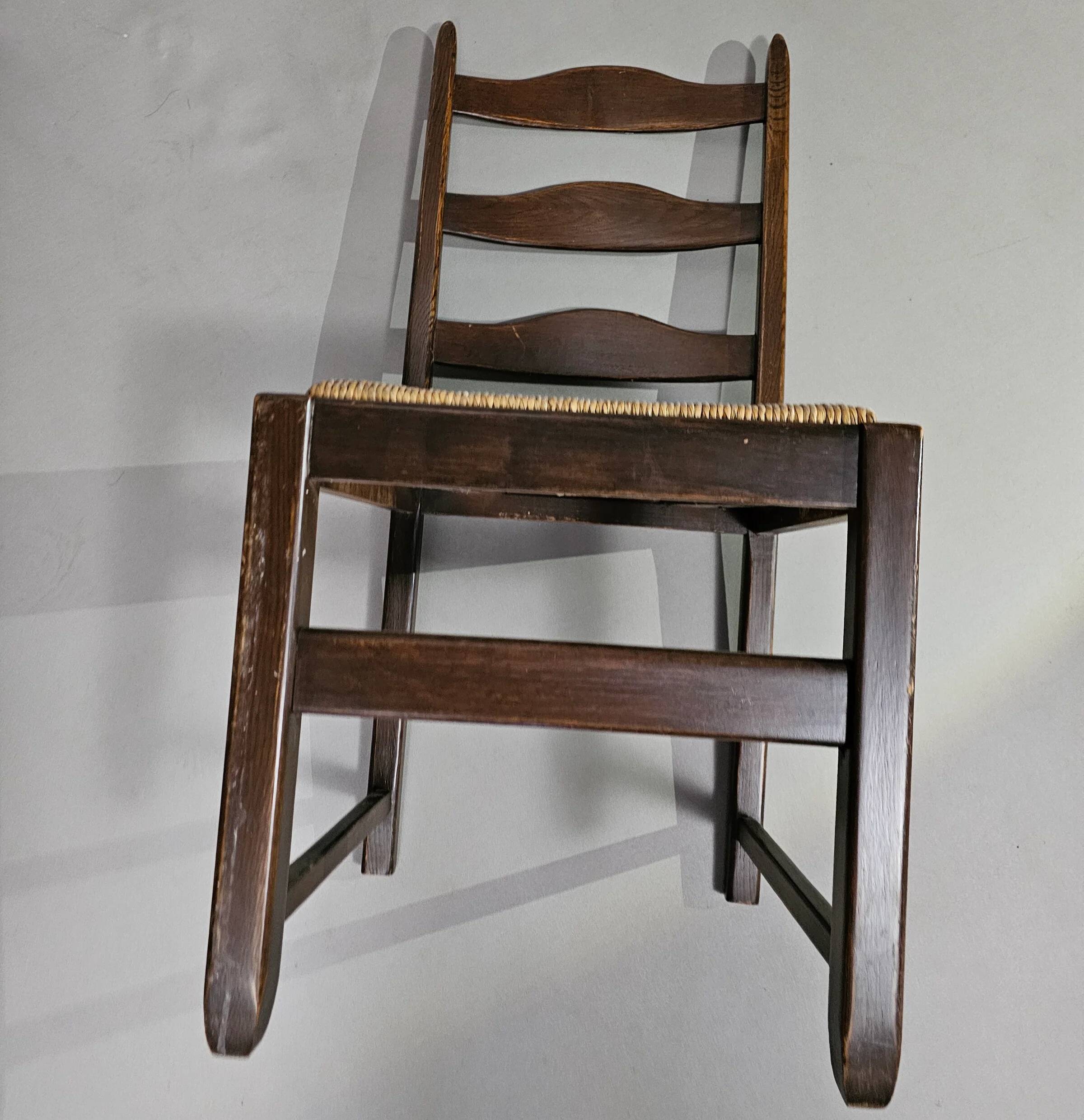 Set of 2 oak, rustic, farmhouse, ladderback dining chairs with rush seats
