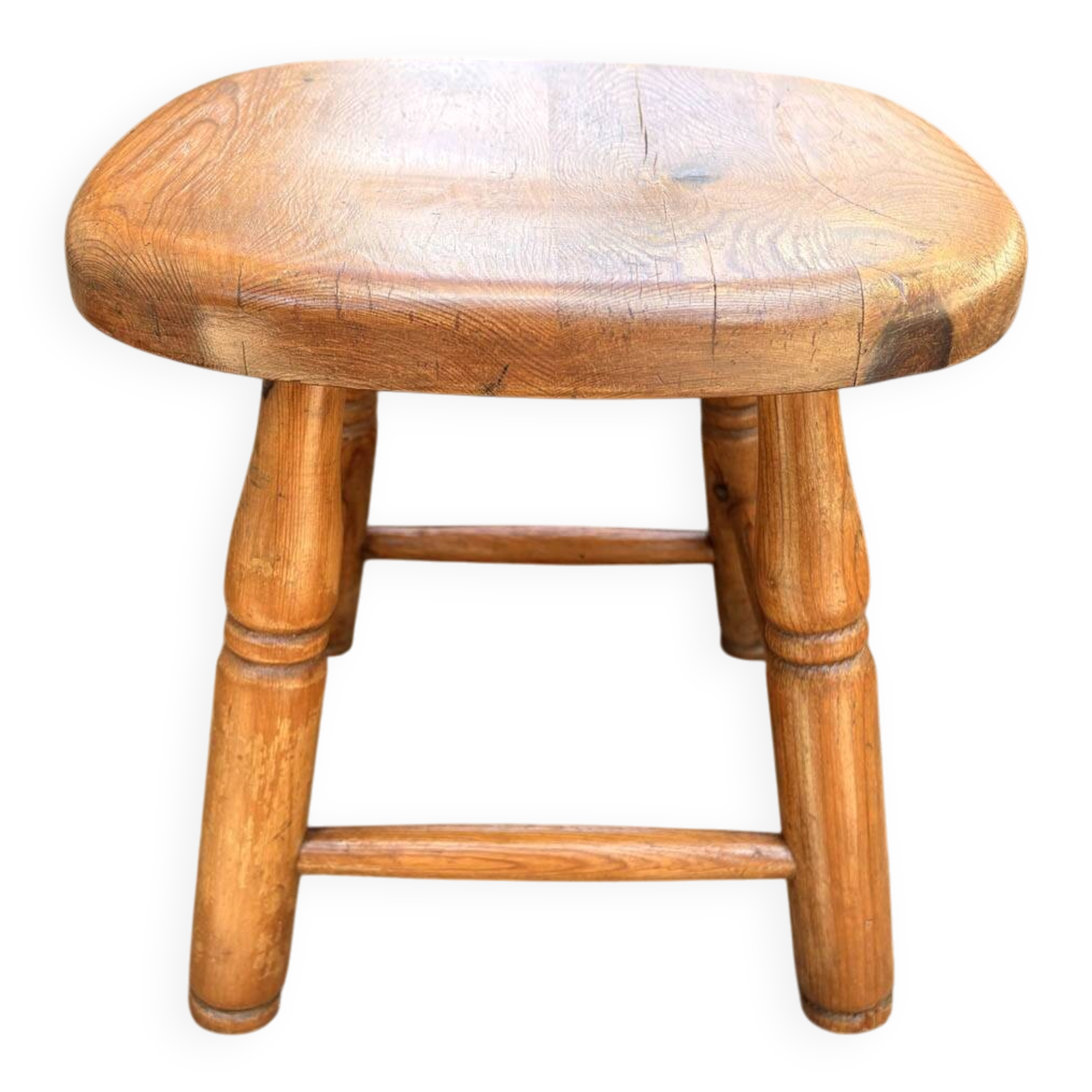 Vintage Rustic Pine Stool with Turned Legs, Chalet Style