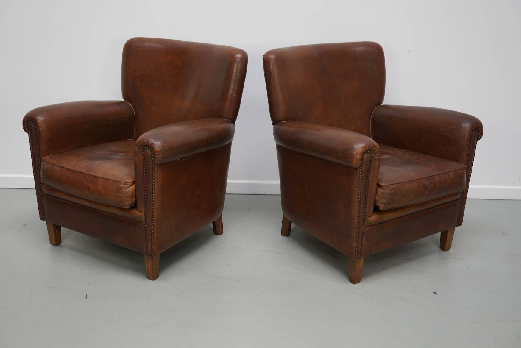 Vintage Dutch Cognac Colored Leather Club Chair, Set of 2