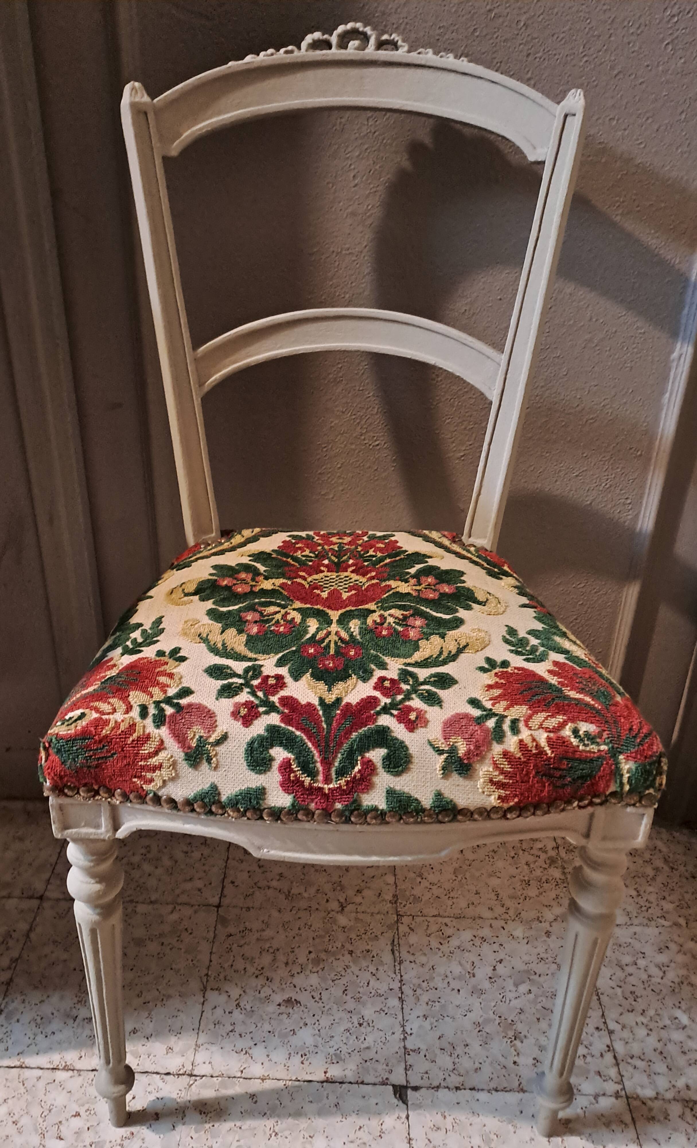 Empire style chair redone in velvet fabric, old floral pattern, 1900
